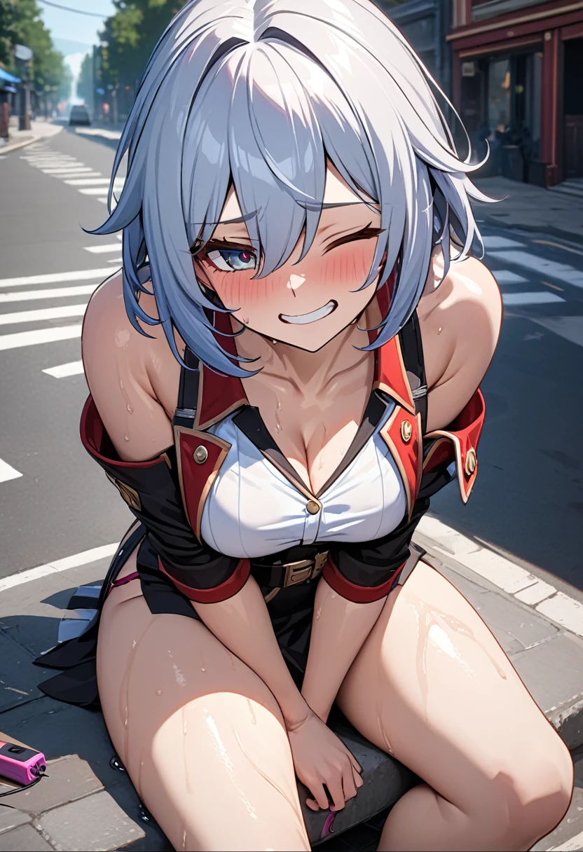 masterpiece, high resolution, ultra detailed, 8K,  topaz from honkai star rail, embarrassed, shy, simple background, HDR, hand between legs, vibrator in, in the street, sexy sitting, leaning forward, one eye closed, sweaty, grinding teeth together, smirk, thick thighs