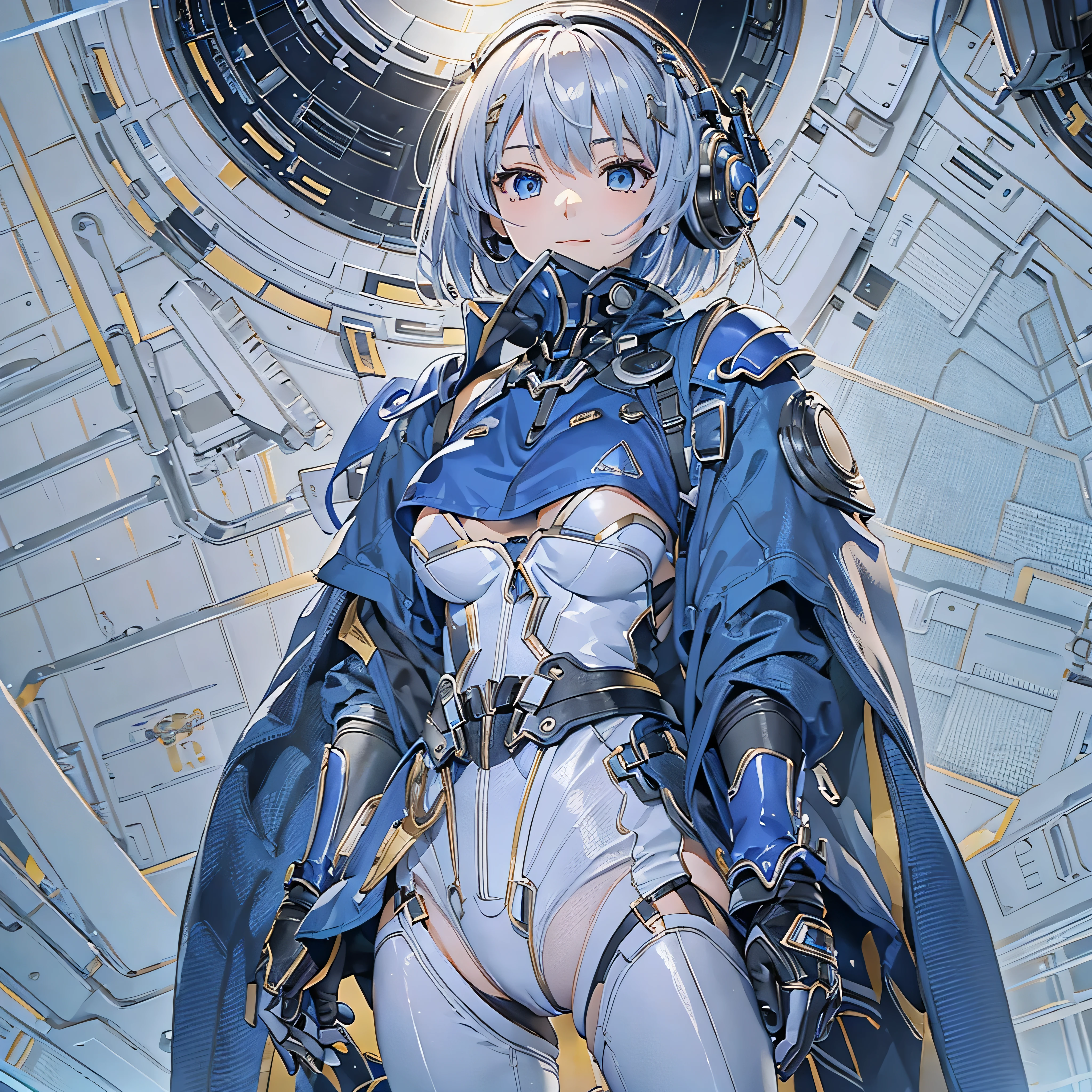 (masterpiece、highest quality、Highest Resolution、Clear_image、Detailed details、Angle from above): (Whole body、One 20 year old girl、Japanese Faces、Small Face、Slender、Navy blue super short bob cut hair、(Hidden small breasts:1.3)、Sparkling blue eyes、Shiny pilot suit in blue and black colors、Chest protection armor、Tight fitting clothes、Clothing that covers the whole body、Glamorous clothes、Tight Fit Pants、Hide your skin、Very delicate and beautiful、Detailed Skin、hide thighs、Hide your ass、Cute、A gentle smile、Soft expression、heroine、headset、Knee-high boots、Elbow-length gloves、Eye Level Shot、Face directly、Woman on a spaceship)