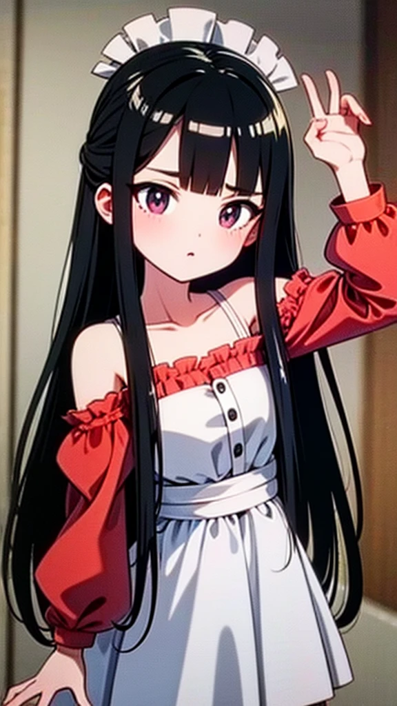 adulto, Cabello negro ondulado, mirada penetrante con ojos profundos de color rojo, estatura promedio, Silky hair with a ponytail hairstyle collected with a red bow with two white lines, tiene pechos medianos, primer plano, session, standing in the middle of his room [[[Risa malvada]]] , Sonrojada, muslos grandes, maid, sirvienta  