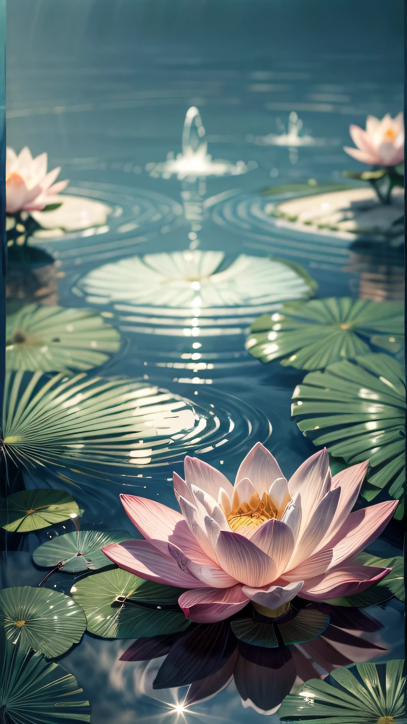 Lotus (low angle view), close up, ancient china, summer, pond, blue sky, white clouds, (fine detail and polish: 1.3), water vapor, (illustration: 1.0), epic composition, realistic lighting, high definition details, masterpiece, best quality, (very detailed CG unity 8k wallpaper)