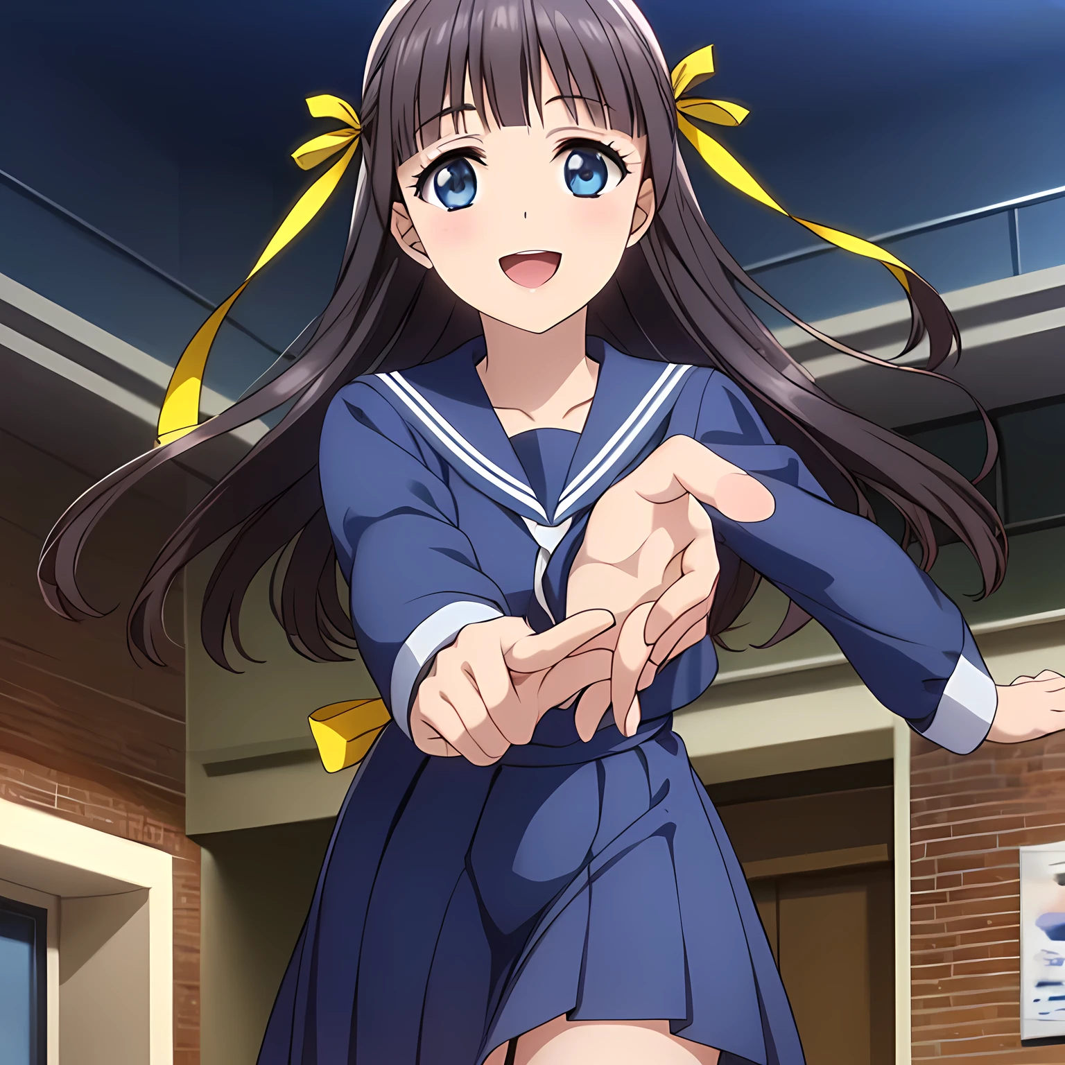 (highest quality, masterpiece:1.2), highest quality, High resolution, 1080p, 8K, CG of the heroine of a beautiful girl game, Height: 158cm, A beautiful woman with a smile falls upside down from the sky like an angel, A face that everyone loves, Glossy lips, Even bangs, Double, Long eyelashes on both the top and bottom, Smiling blue eyes, The very large and thick yellow ribbon bowtie is very cute., ((Black Hair)), Beautiful, shiny, long black hair, ((A long, neat, dark navy pleated skirt)), (((A long-sleeved navy blue sailor uniform for winter, all dark blue in color))), ((Navy blue jacket)), Smiling, slightly open mouth like a game heroine, Ribbon in hair, Thick calves, Tight waist, Approaching the viewer with open arms, ((Talking to the audience)), ((Trying to kiss)), A very sacred temple in the sky, Shooting from below, ((Blur the background))