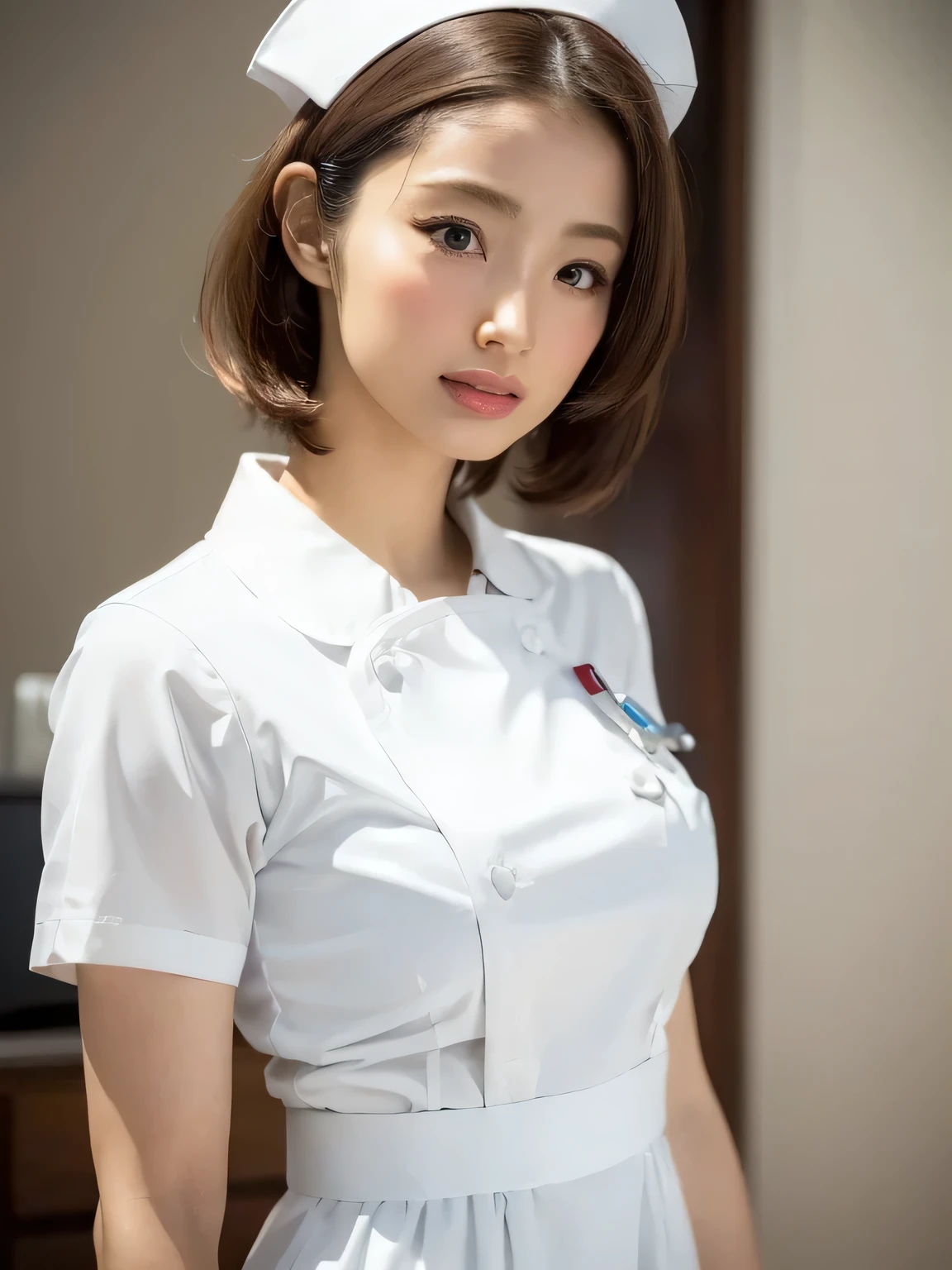 1 girl,(Wearing white nurse clothes:1.2),(RAW Photos, highest quality), (Realistic, photo-Realistic:1.4), masterpiece, Very delicate and beautiful, Very detailed, 2k wallpaper, wonderful, finely, Very detailed CG unity 8k wallpaper, Very detailed, High resolution, Soft Light, Beautiful detailed girl, Very detailed eyes and face, Beautiful and detailed nose, finely beautiful eyes, nurse, Perfect Anatomy, Black Hair, Upstyle, nurse uniform, ((nurse cap)), Long skirt, nurse, White costume, thin, hospital, clear, White Uniform, hospital room, Neck auscultation,Close your face,Open chest