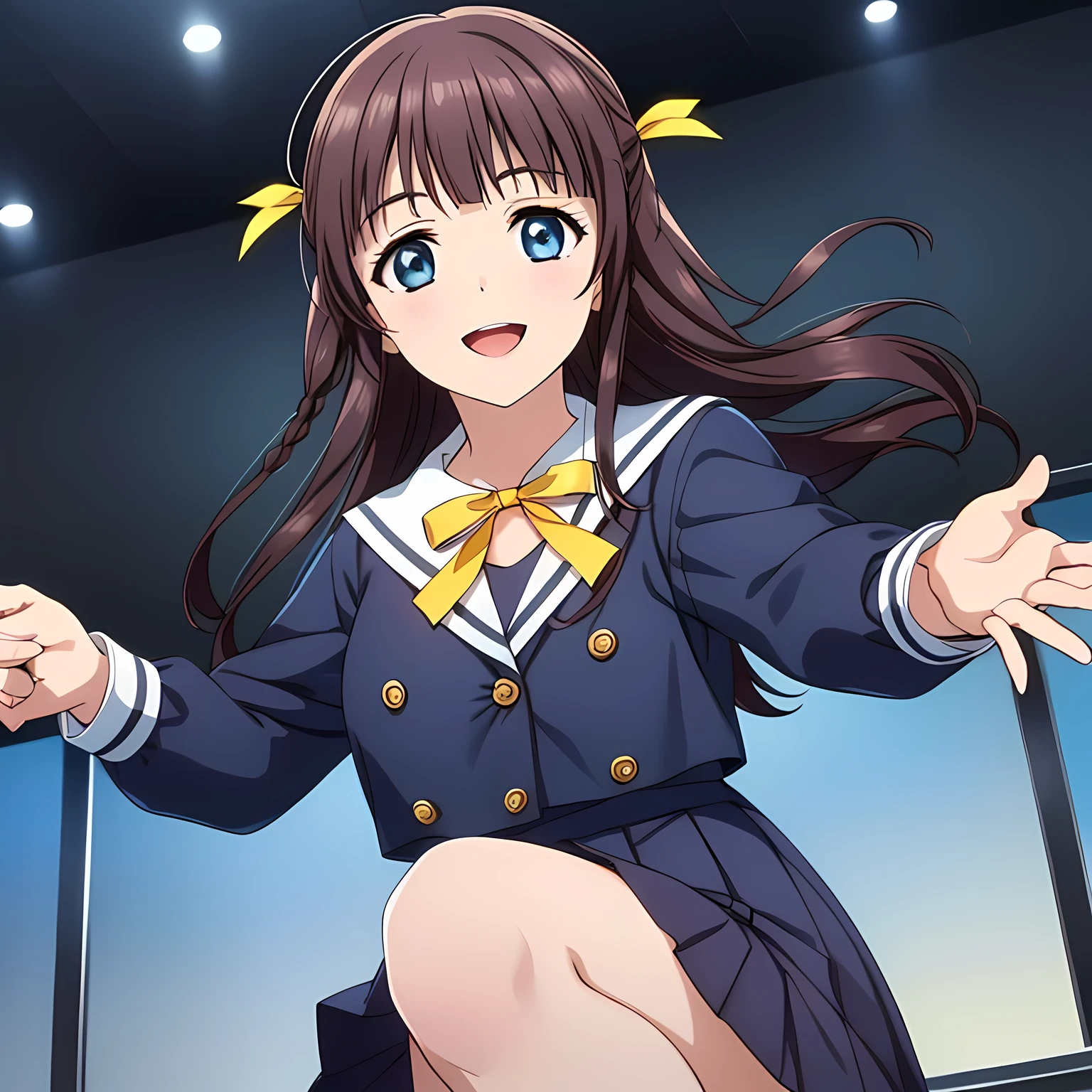 (highest quality, masterpiece:1.2), highest quality, High resolution, 1080p, 8K, CG of the heroine of a beautiful girl game, Height: 158cm, A beautiful woman with a smile falls upside down from the sky like an angel, A face that everyone loves, Glossy lips, Even bangs, Double, Long eyelashes on both the top and bottom, Smiling blue eyes, The very large and thick yellow ribbon bowtie is very cute., ((Black Hair)), Beautiful, shiny, long black hair, ((A long, neat, dark navy pleated skirt)), (((A long-sleeved navy blue sailor uniform for winter, all dark blue in color))), ((Navy blue jacket)), Smiling, slightly open mouth like a game heroine, Ribbon in hair, Thick calves, Tight waist, Approaching the viewer with open arms, ((Talking to the audience)), ((Trying to kiss)), A very sacred temple in the sky, Shooting from below, ((Blur the background))