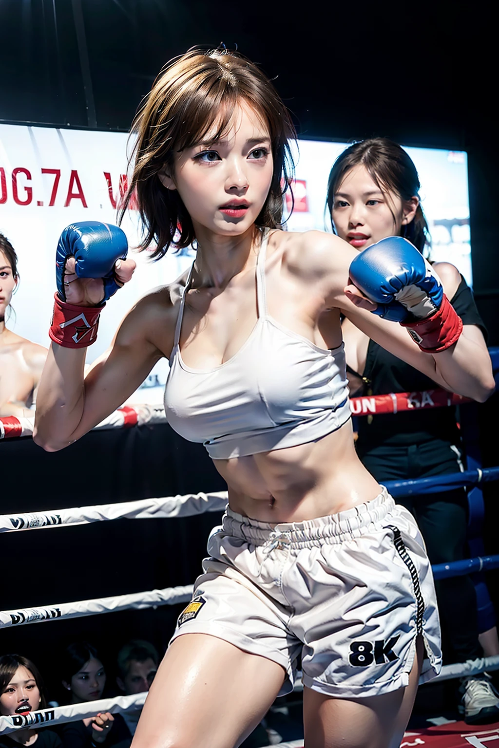 (original) , (Highly detailed wallpaper) , (highest quality) , (masterpiece) , Photographic reality, Realistic, Highly detailed illustration, (1 girl) , 17 years old, Beautiful Eyes, (Delicate face) , Perfect detail, (Very intricate details) , (Boxing Girl) , (Aggressive punches) , Sweat, Heavy breathing, (Suppressive attacks) , (Boxing Ring) , Athletic Shorts, Perfect detail, Perfect Fingers, Perfect limbs, Impact, (Shiny skin) , Abdominal muscles, muscle, Waistline,Boxing Shorts, Fistfight, K Integration, topless(Super fine CG: 1.2) , (8k: 1.2) , Realistic, Octane Rendering