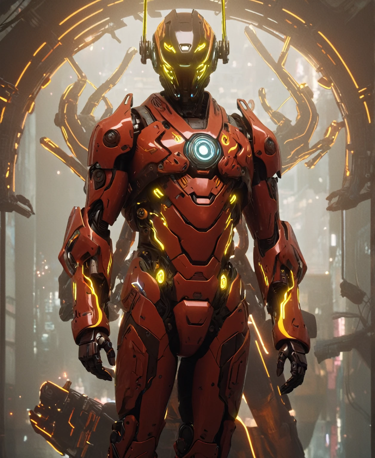 cyberpunk cybernetic revolutionaries, futuristic flame suit, flaming guns on hands, complex intricate robot body, highly detailed, photorealistic, 8k, cinematic lighting, dramatic, neon colors, moody atmosphere, science fiction, concept art style