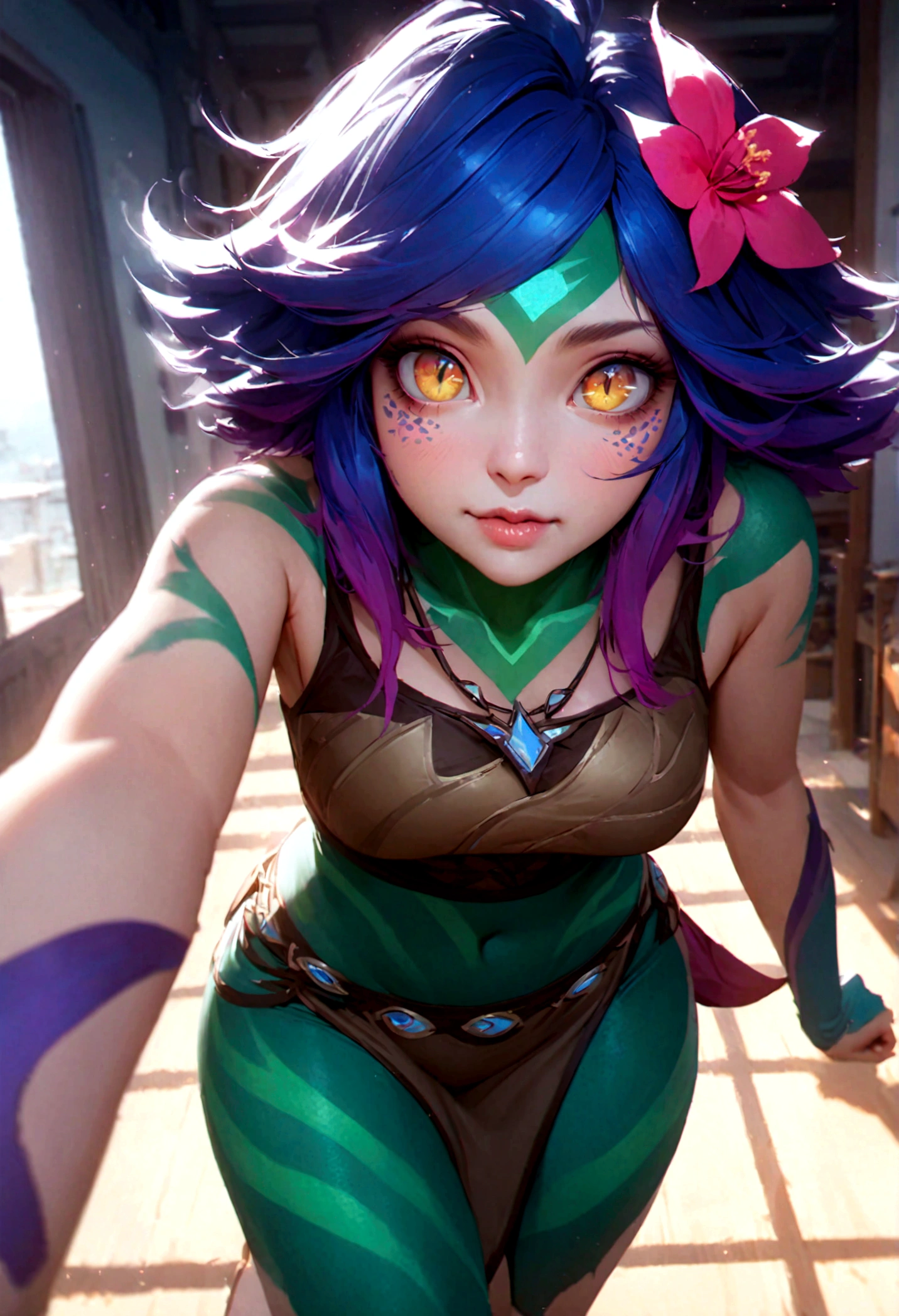 masterpiece,(best quality,top quality,8k),ultra detailed,illustration,painting,detailed eyes and face,(1girl),neeko, multicolored hair,(short hair), facial mark, forehead mark, hair ornament, hair flower, necklace,brown crop top,(puffy eyes),good contrast , high sharpness,(gorgeous),realistic,RAW Photography,(hyperdetailed:1.2),room