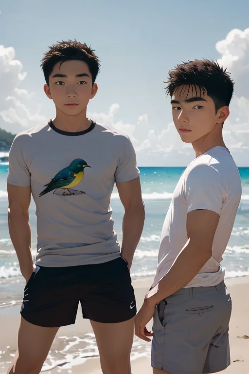 (Various poses)、Close-up shot of a bird looking up from below the ground、Rear facing buttocks emphasis、Realistically，Two cute 18 year old boys.Crotch adhesion，Wear a gray t-shirt、Wearing tight fitting shorts、Seabread，Beach，Selfie，Face Real，Face Zoom，swells a little