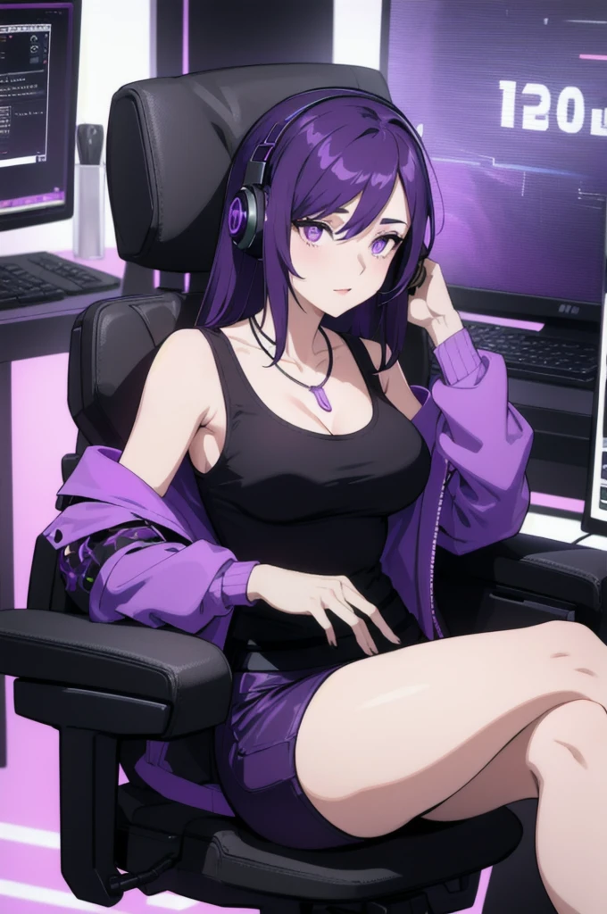 “A mature woman exudes elegance and confidence as she sits in a black and purple gaming chair positioned in front of a desk decorated with monitors, keyboards, and computers. She wore a purple short jacket combined with a black tank top and black trousers, highlighting her purple pupils and a graceful necklace. High-tech wireless headphones in black and purple adorned his ears, emitting soft purple LED light. Her perfect figure exuded maturity and attractiveness, embodying her intelligence and sophistication.
