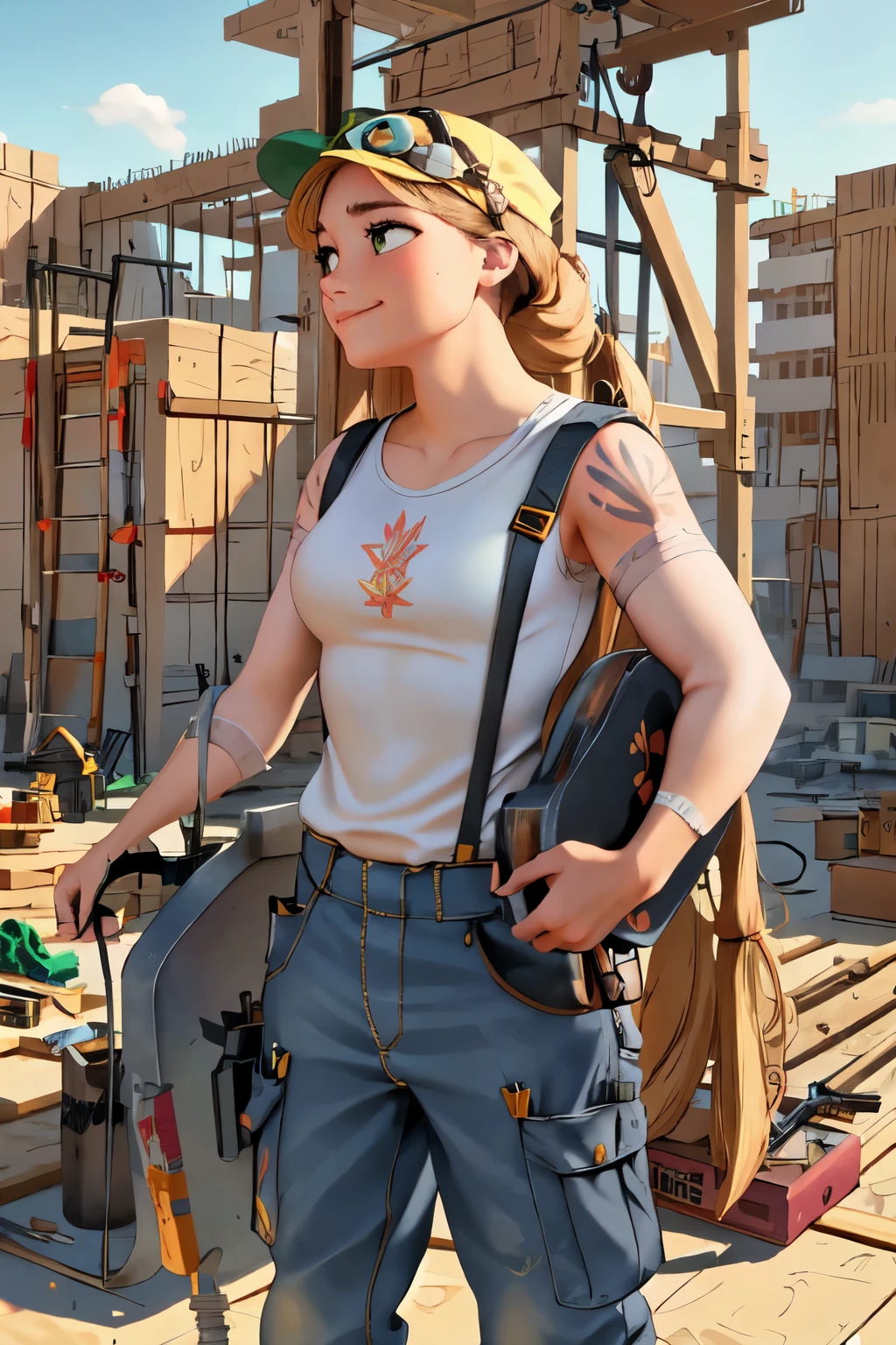 (masterpiece:1.2), (best quality), (ultra detailed), (8k, 4k, intricate),(highly detailed:1.2),(detailed face:1.2), (highly detailed background of construction site wth rebar and cranes),(portrait),detailed landscape,(action pose:1.2),rapunzel  1girl, solo, long hair, looking away from viewer, smile, blonde hair, long sleeves, dress, walking with urgency, side profile of entire body walking, side view of face, very long hair tied up, green eyes, carpenter, woodworker, construction worker, contractor 

Rapunzel portrayed as a construction worker, carrying a large wooden ladder on her shoulder, dressed in carpenters attire, baggy cargo overalls, suspenders, tools in pockets, safety goggles, work gloves, wearing a hardhat/safety helmet, durable work boots, knee pads, bandana, tattoos with floral and sun motifs visble, sweating from brow, determined smirk, holding woodworking tools, working on a construction site, tools and machinery are visble, curvy, beautiful 