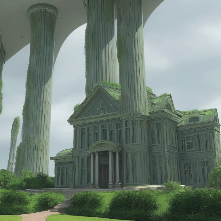hilly house, green, parabolic columns rise, science fiction and classicism, classic sci-fi giant masterpiece, stones, scifi