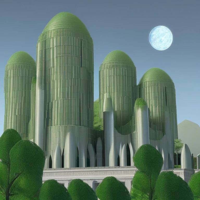 hilly house, green, parabolic columns rise, science fiction and classicism, classic sci-fi giant masterpiece, stones, scifi