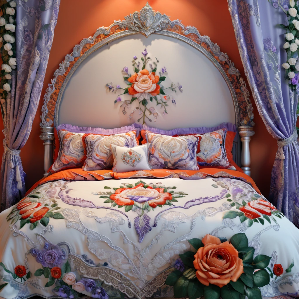 a highly detailed White Rose Bush embroidered bedroom design with intricate patterns, double stitching, silver beads along the edges, set against a vibrant Creamsicle, Red,White, Blue, Lavender, Orange, Oriental background, award-winning digital art, 8k, photorealistic, extremely detailed, cinematic lighting, volumetric lighting, dramatic shadows, lush colors, elegant, ornate, luxurious, masterpiece, intricate complexity, stunning, 