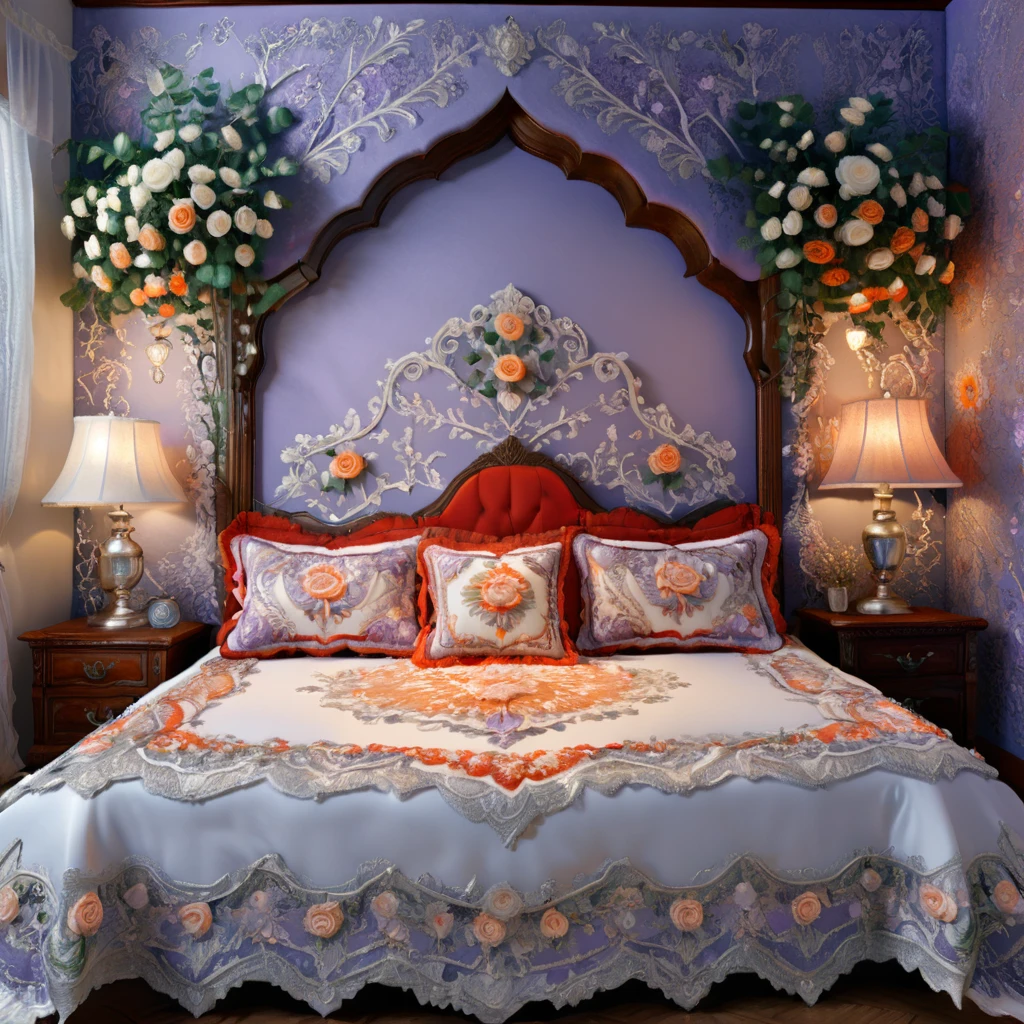 a highly detailed White Rose Bush embroidered bedroom design with intricate patterns, double stitching, silver beads along the edges, set against a vibrant Creamsicle, Red,White, Blue, Lavender, Orange, Oriental background, award-winning digital art, 8k, photorealistic, extremely detailed, cinematic lighting, volumetric lighting, dramatic shadows, lush colors, elegant, ornate, luxurious, masterpiece, intricate complexity, stunning, 