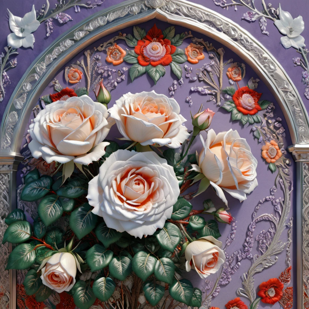 a highly detailed White Rose Bush embroidered bedroom design with intricate patterns, double stitching, silver beads along the edges, set against a vibrant Creamsicle, Red,White, Blue, Lavender, Orange, Oriental background, award-winning digital art, 8k, photorealistic, extremely detailed, cinematic lighting, volumetric lighting, dramatic shadows, lush colors, elegant, ornate, luxurious, masterpiece, intricate complexity, stunning, 