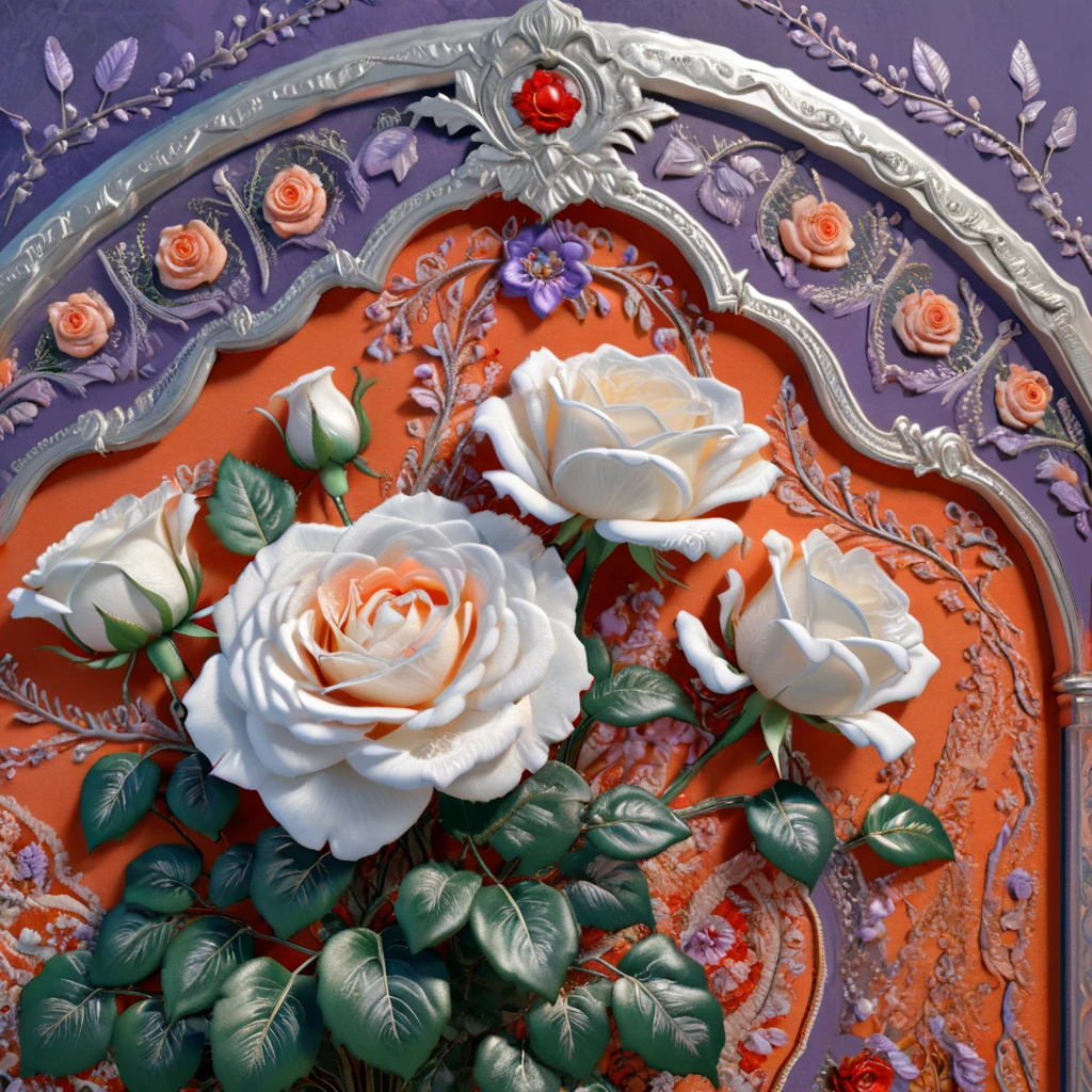 a highly detailed White Rose Bush embroidered bedroom design with intricate patterns, double stitching, silver beads along the edges, set against a vibrant Creamsicle, Red,White, Blue, Lavender, Orange, Oriental background, award-winning digital art, 8k, photorealistic, extremely detailed, cinematic lighting, volumetric lighting, dramatic shadows, lush colors, elegant, ornate, luxurious, masterpiece, intricate complexity, stunning, 