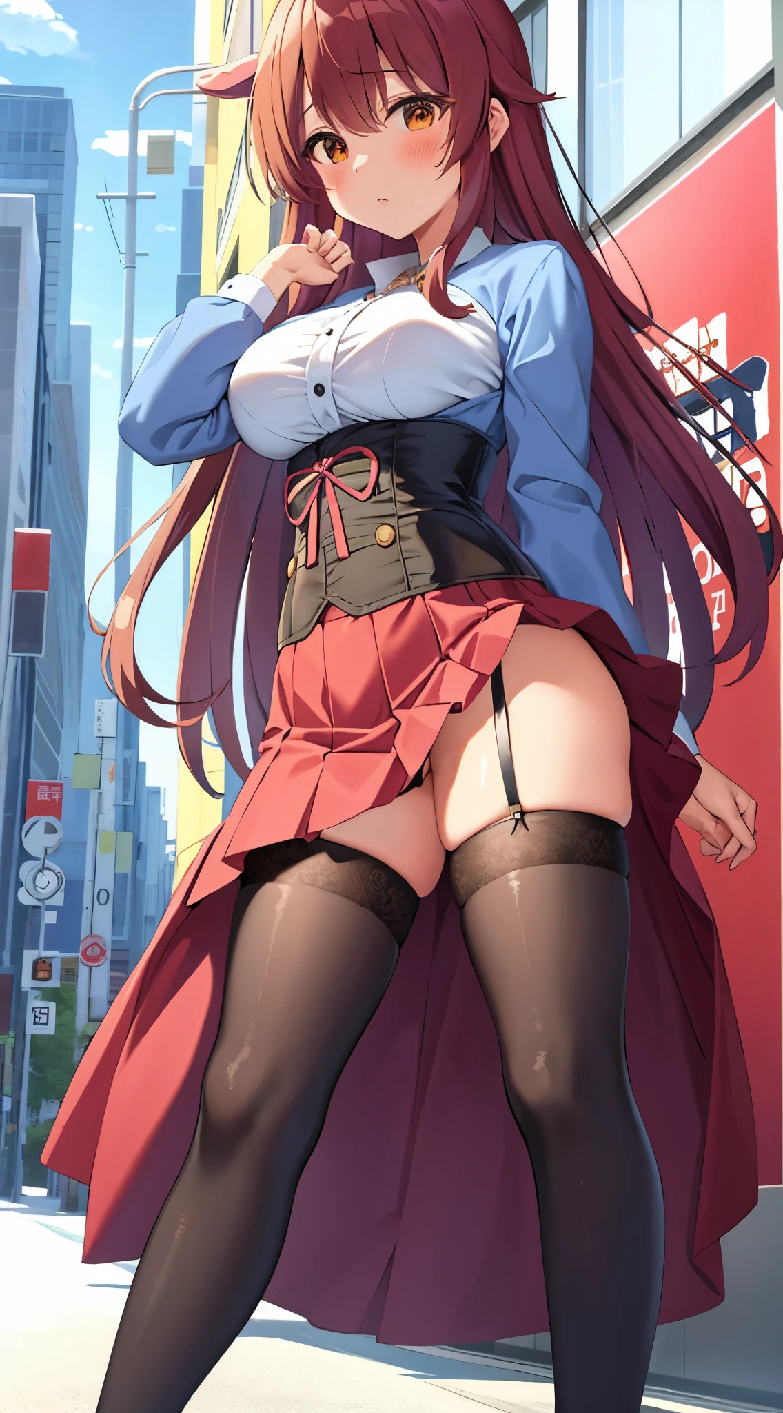 best quality, masterpiece, highly detailed, illustration, 1girl, solo, yoshida yuuko \(machikado mazoku\), shamiko, corset, thigh highs, high heels, city street, (blush), glossy lips, makeup, standing