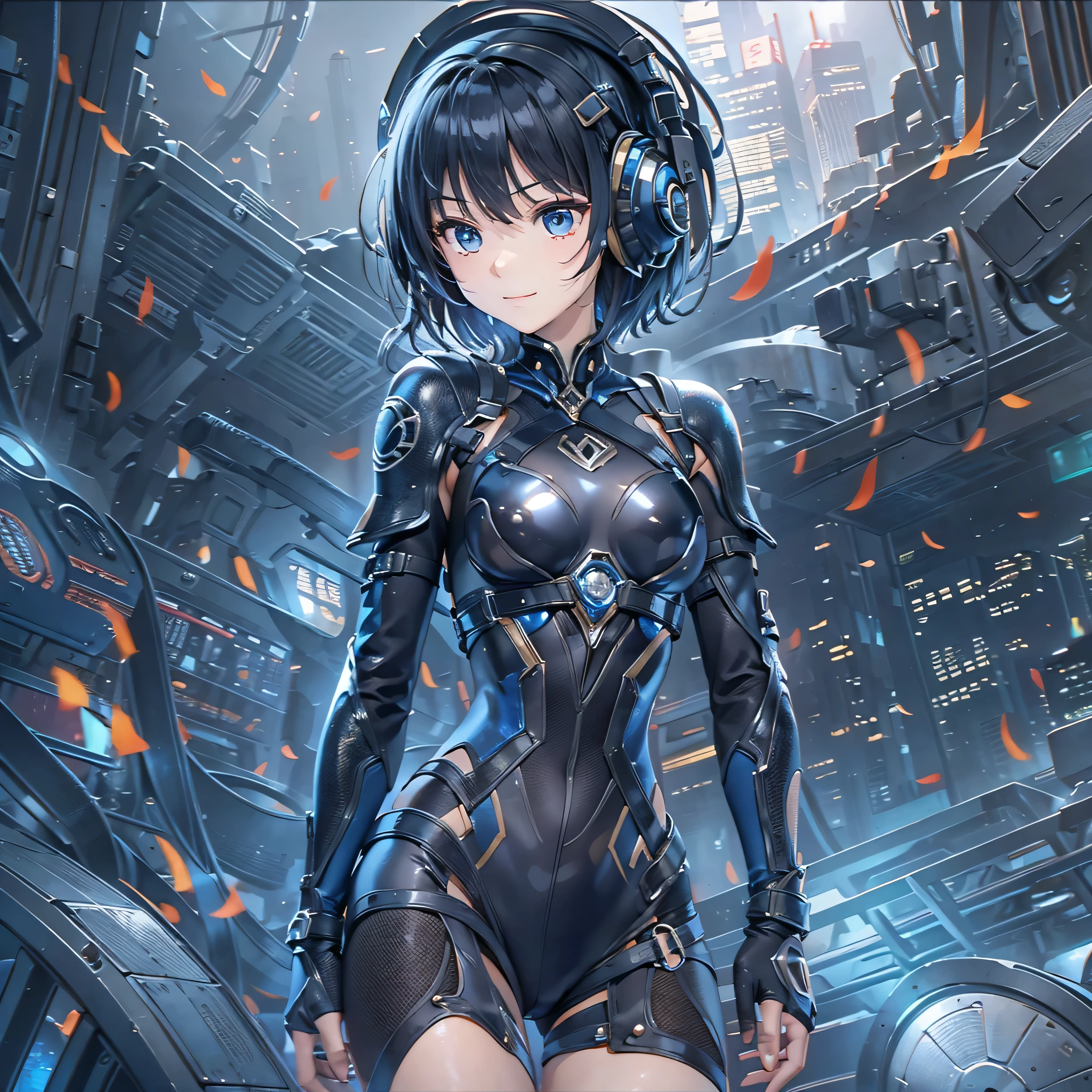 (masterpiece、highest quality、Highest Resolution、Clear_image、Detailed details、Angle from above): (Whole body、One 20 year old girl、Japanese Faces、Small Face、Slender、Navy blue super short bob cut hair、(Hidden small breasts:1.3)、Sparkling blue eyes、Shiny pilot suit in blue and black colors、Chest protection armor、Tight fitting clothes、Clothing that covers the whole body、Glamorous clothes、Tight Fit Pants、Hide your skin、Very delicate and beautiful、Detailed Skin、hide thighs、Hide your ass、Cute、A gentle smile、Soft expression、heroine、headset、Knee-high boots、Elbow-length gloves、Eye Level Shot、Face directly、Woman on a spaceship)