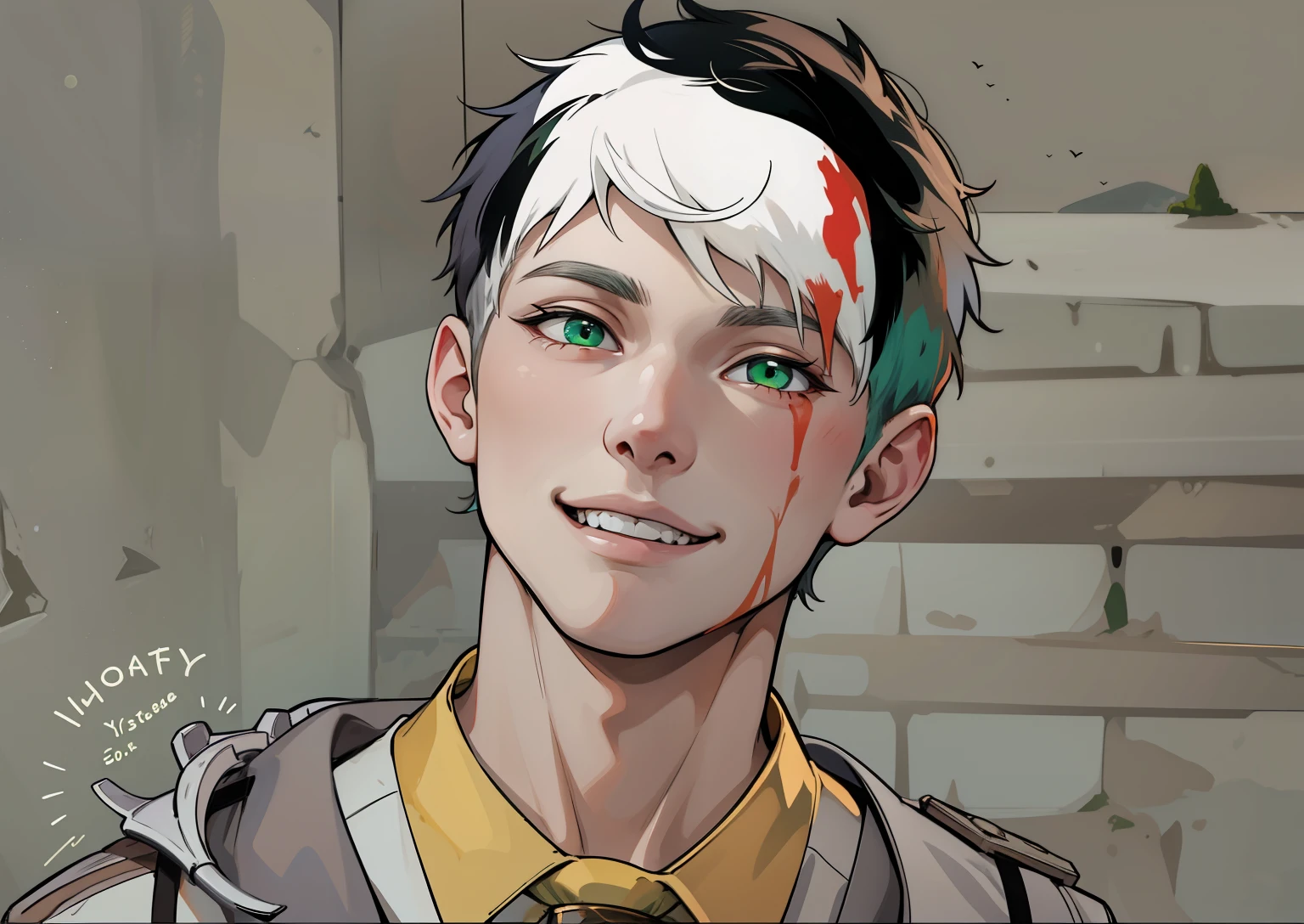 smiles young boy with white hair, green eyes, 18 years old, smiling with mischief, malice