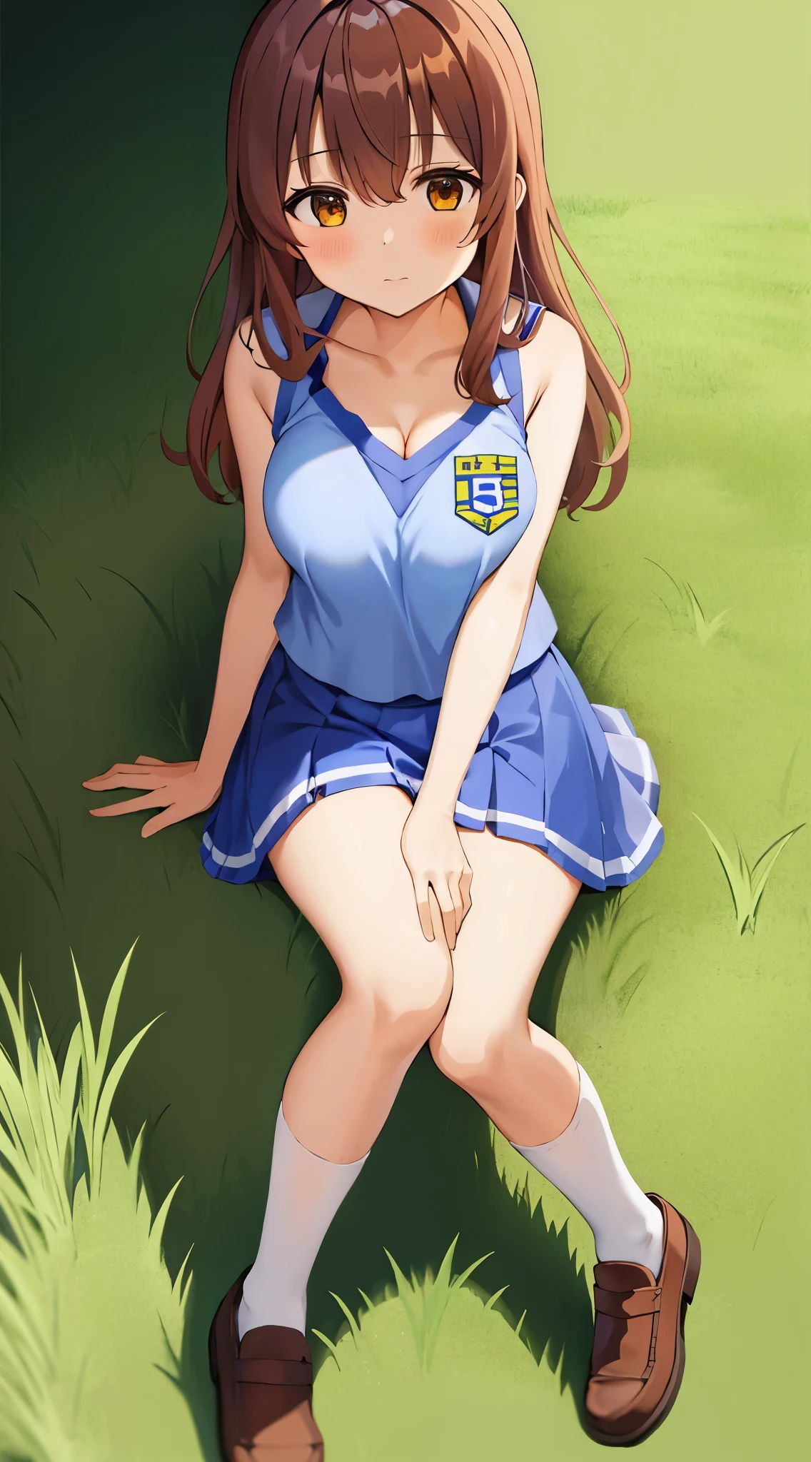 best quality, masterpiece, highly detailed, illustration, 1girl, solo, yoshida yuuko \(machikado mazoku\), shamiko, grass, sitting, cheerleader, sleeveless, midriff, cleavage