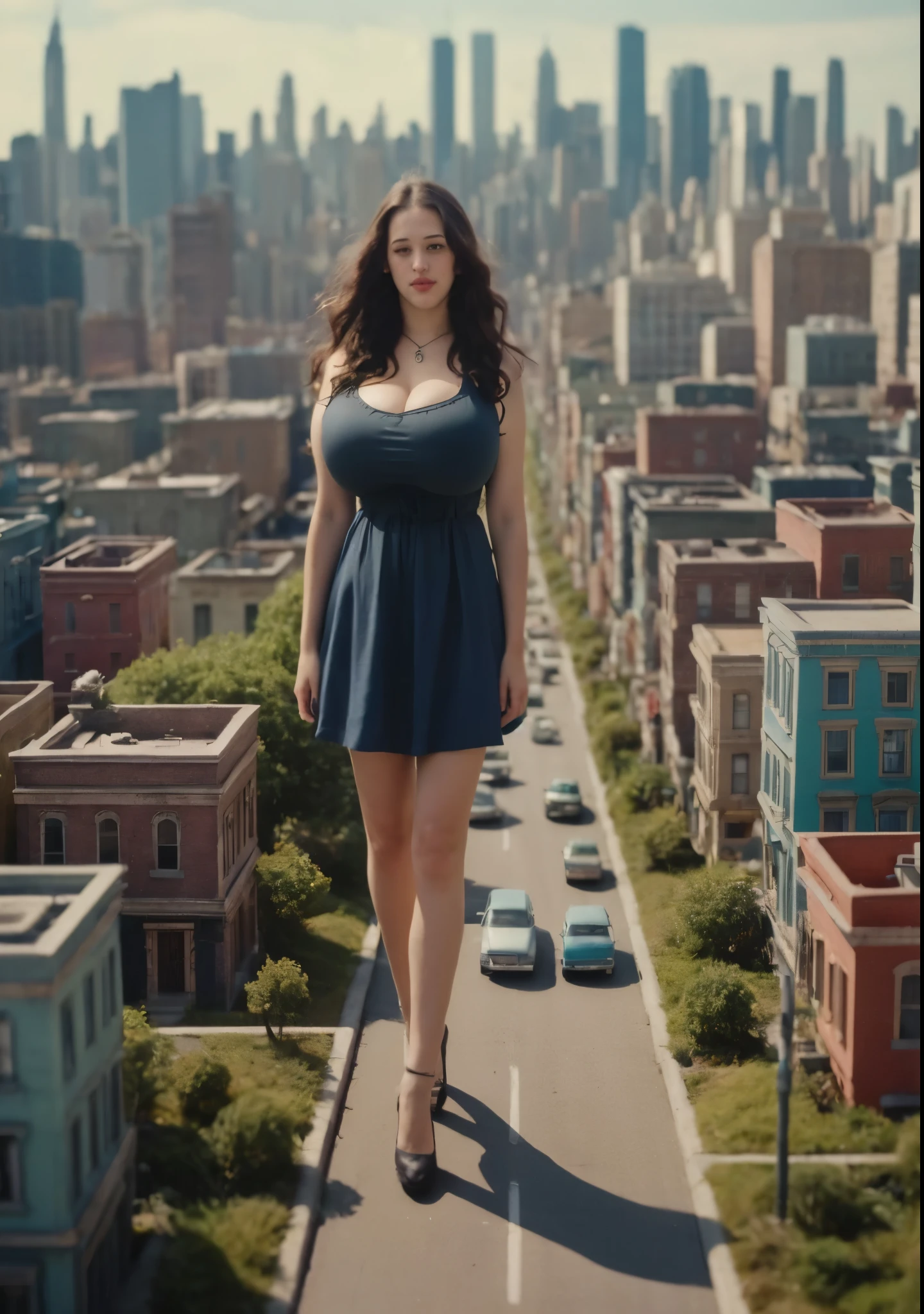 young Kat Dennings, cute face, plain long dress, cleavage, (big giant enormous oversized massive huge colossal breasts:1.5), (gigantic sagging breasts:1.5), symmetric breasts, (extremely very long full big hair with waves)