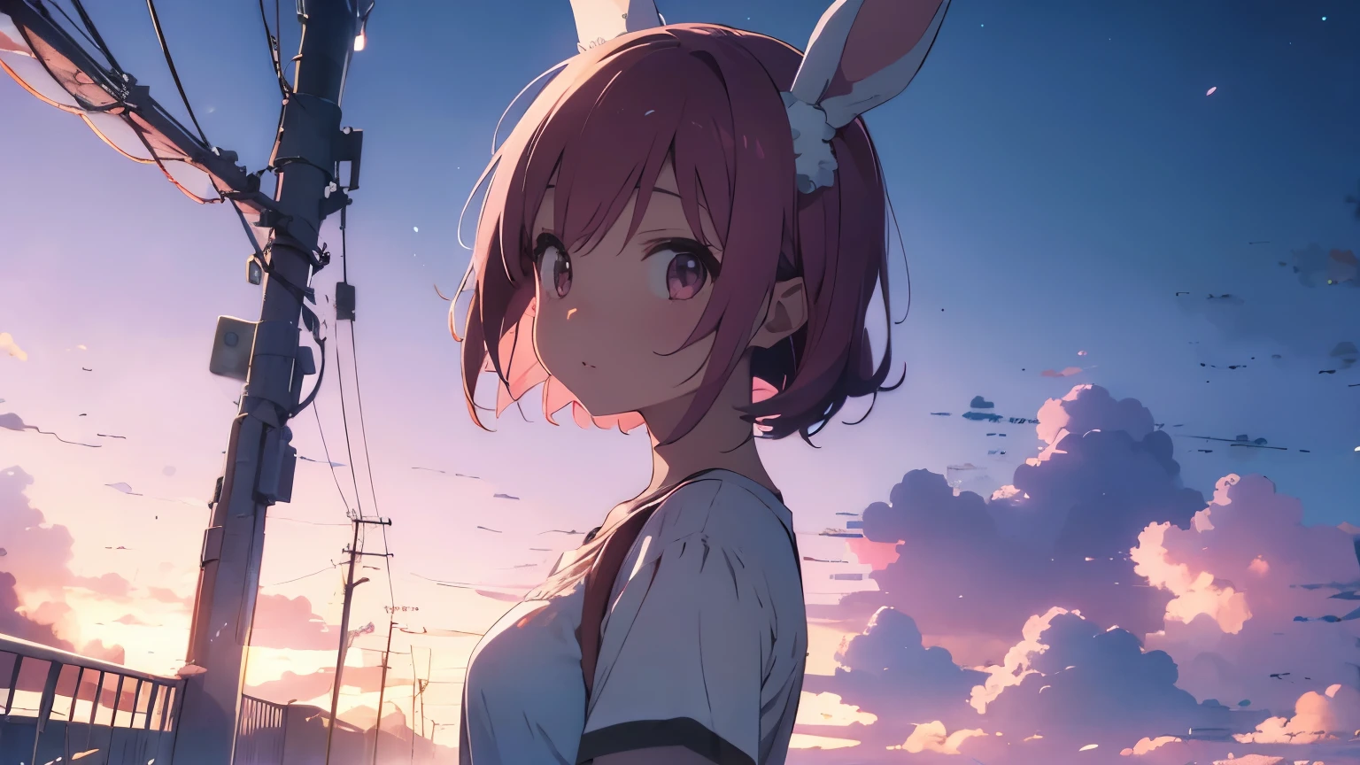 highest quality, pretty girl, Fluffy bunny ears, Pink short bob,Pale pink eyes,Fantastic blue sky,look up,Age 25