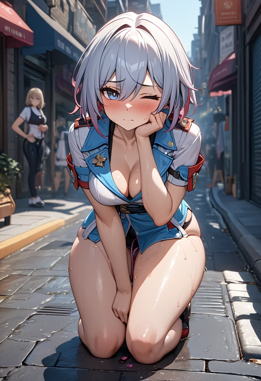 masterpiece, high resolution, ultra detailed, 8K,  topaz from honkai star rail, embarrassed, shy, simple background, HDR, hand between legs, vibrator in, in the street, sexy standing, leaning forward, one eye closed, sweaty, cute pouting, squishy thighs, 