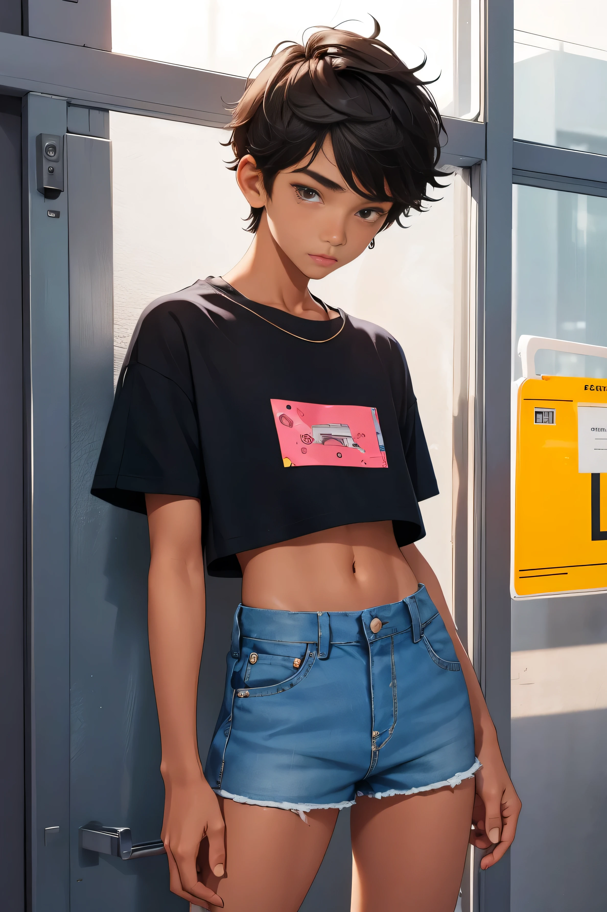 Teen boy 16 years old is wearing a cropped shirt and too very much short mini shorts, the boy's legs are beautiful and tanned, hot summer, top quality