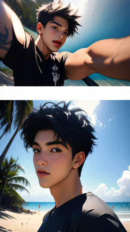 (Various poses)、Close-up shot of a bird looking up from below the ground、Rear facing buttocks emphasis、Realistically，Two cute 18 year old boys.Crotch adhesion，Wear a gray t-shirt、Wearing tight fitting shorts、Seabread，Beach，Selfie，Face Real，Face Zoom，swells a little