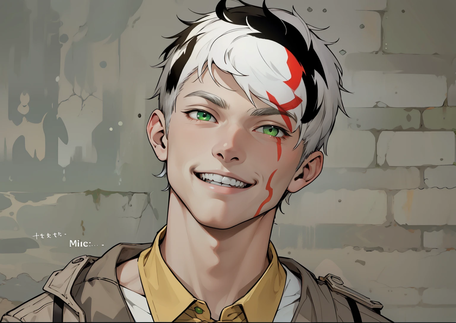 smiles young boy with white hair, green eyes, 18 years old, smiling with mischief, malice