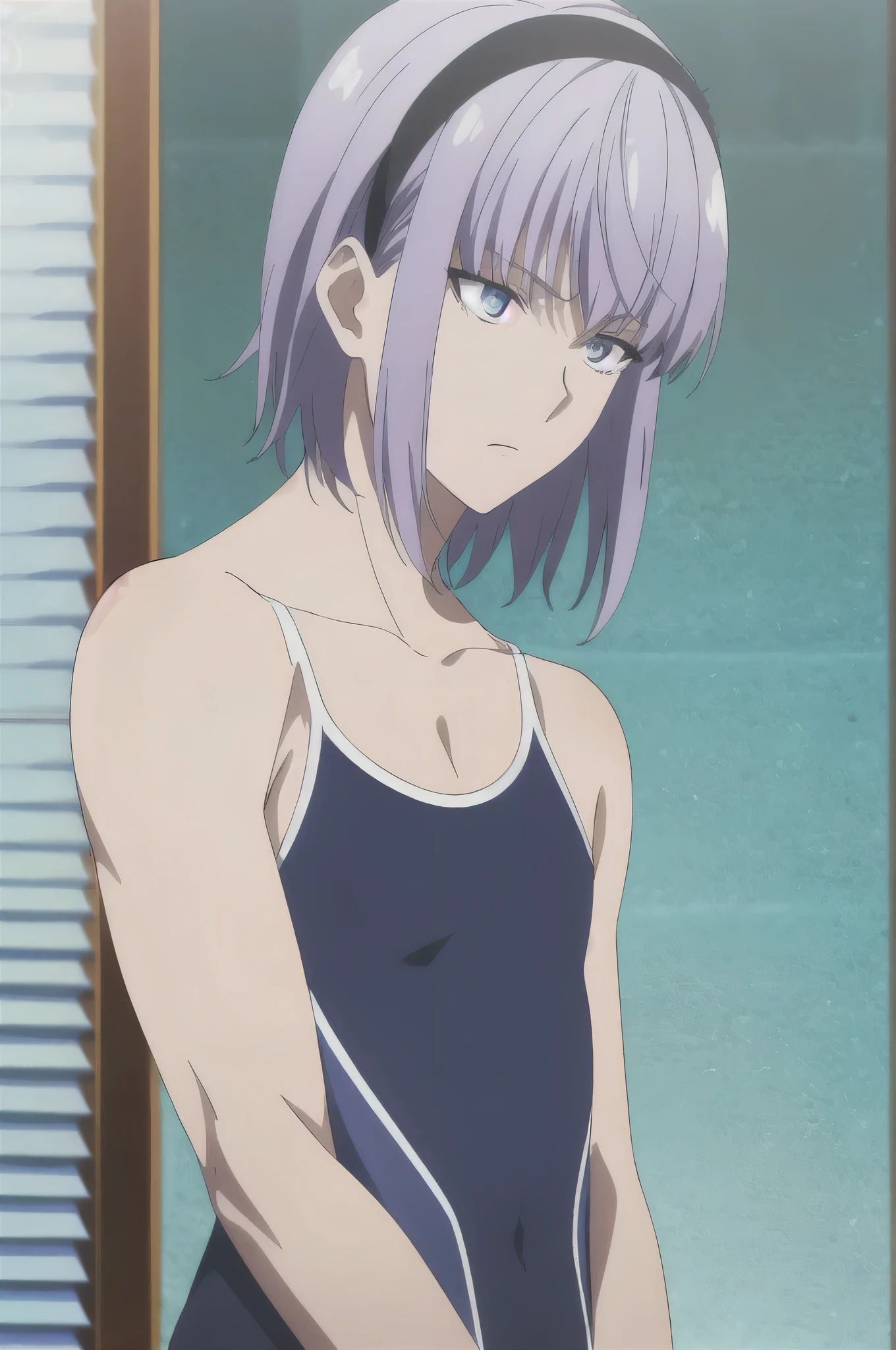 Beautiful Face、Intense expression(Highly detailed CG Unity 8k wallpaper)、(masterpiece)、(highest quality)、(Super detailed)、(Best illustrations)、(Best Shadow)、(Absurd)、1 male、Firefly as man、Anime Male、solo、Swimwear、hair band、Purple Hair、one-piece Swimwear、man is wearing a women's competition swimsuit、Swimwear、Short Hair、Bobcut、Manicure、Blue Eyes、crossdressing、dark blue one-piece Swimwear、Tight Swimwear、Anime coloring book、Toned body、Tall men、(male body:1.3)、