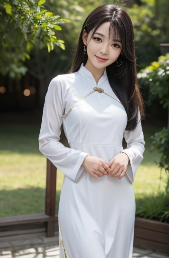Tabletop,( highest quality),(masterpiece) Realistic,real , Realistic, Very detailed, finely, High resolution, 8k wallpaper,,Anatomically correct body, One cute girl,(Korean Girl:1.4),(:1.4), (Black Hair:1.3),(Straight long hair:1.4),(Are thin:1.3) ,(Ao Dai:1.4), Sharp focus, Perfect dynamic composition, finelyて美しい目,Slim body,(Small breasts:1.4)(Small breasts:1.4),(Small breasts:1.4),(Small breasts:1.4), Thin Hair, Detailed and Realistic skin texture, smile,Standing pose、(whole body:1.4),,Southern Island,Summer sunshine,彼女はベトナムの民族衣装のAo Daiを着ています
