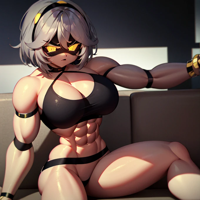 vdrone, masterpiece, high resolution, robot, white hair, short hair, sports bra, thighhighs, big breasts, showing cleavage,gym shorts, cowgirl shot, abs, biceps, muscular figure, female bodybuilder, 6 pack abs, on couch, angry, extream muscles, earings,
