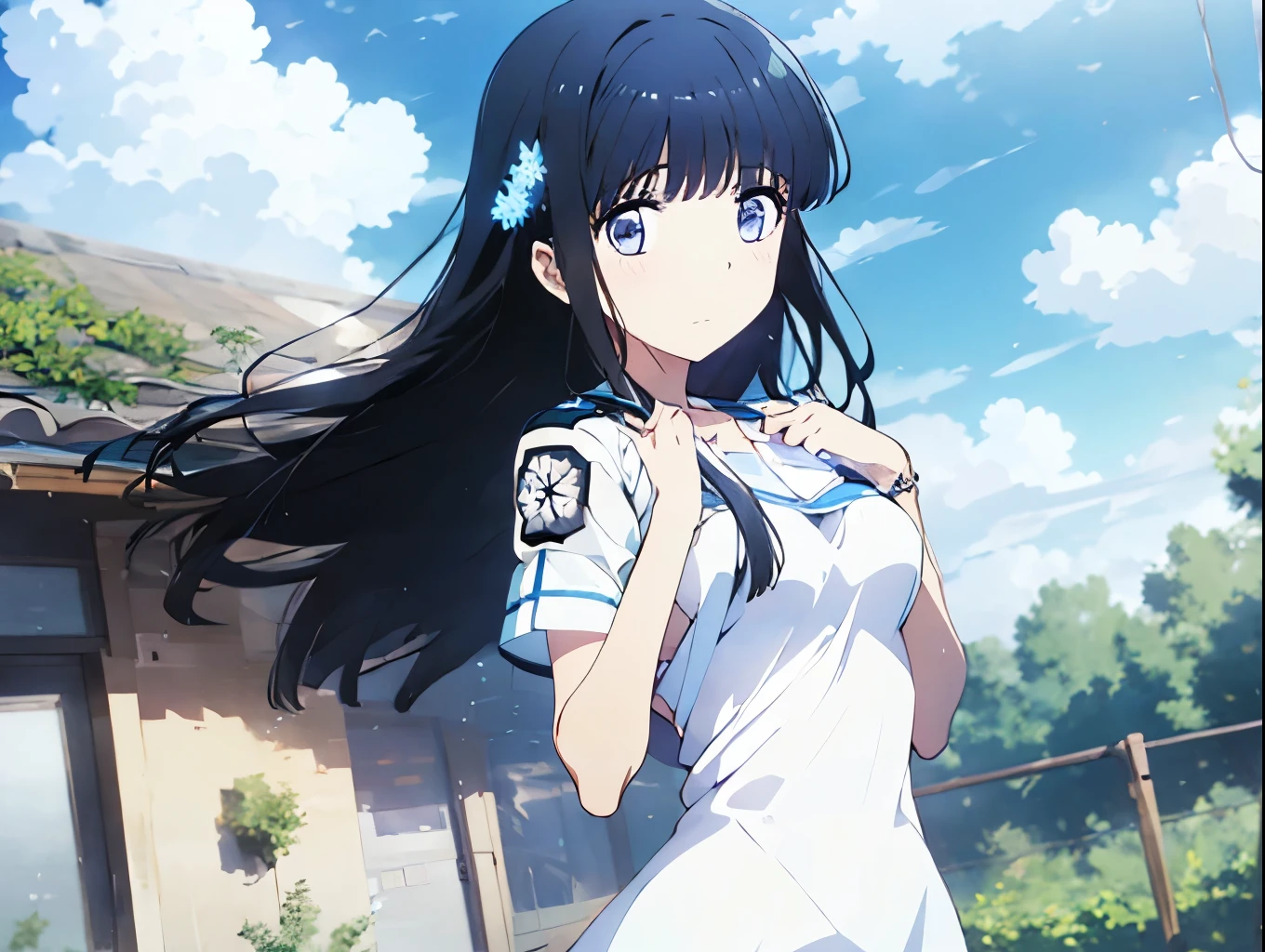 Cute white underwear visible when skirt is lifted、A blue bra showing through the white dress shirt of the uniform、barefoot、Cumulonimbus cloud and blue sky