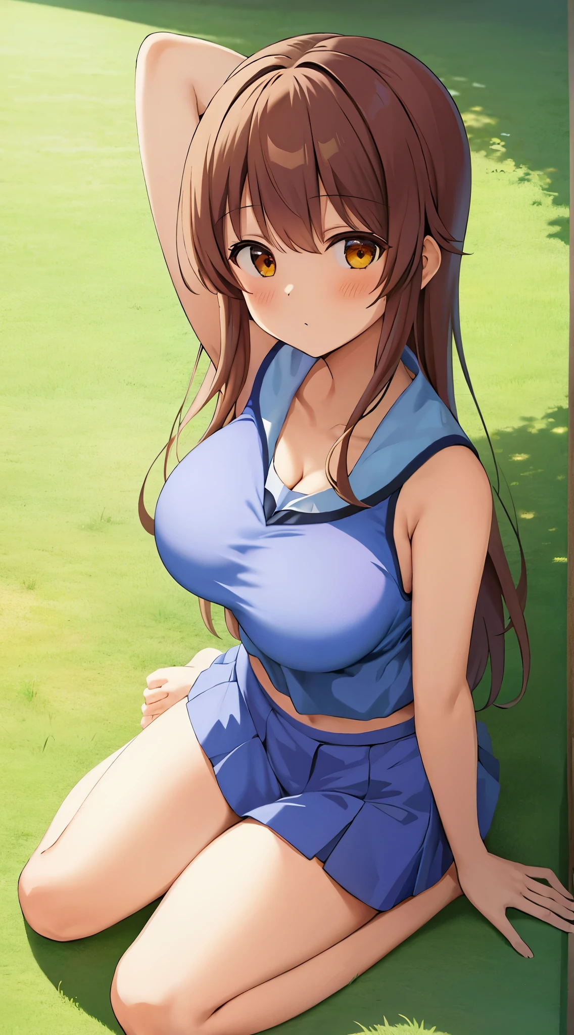 best quality, masterpiece, highly detailed, illustration, 1girl, solo, yoshida yuuko \(machikado mazoku\), shamiko, grass, sitting, cheerleader, sleeveless, midriff, cleavage, legs up, facing viewer