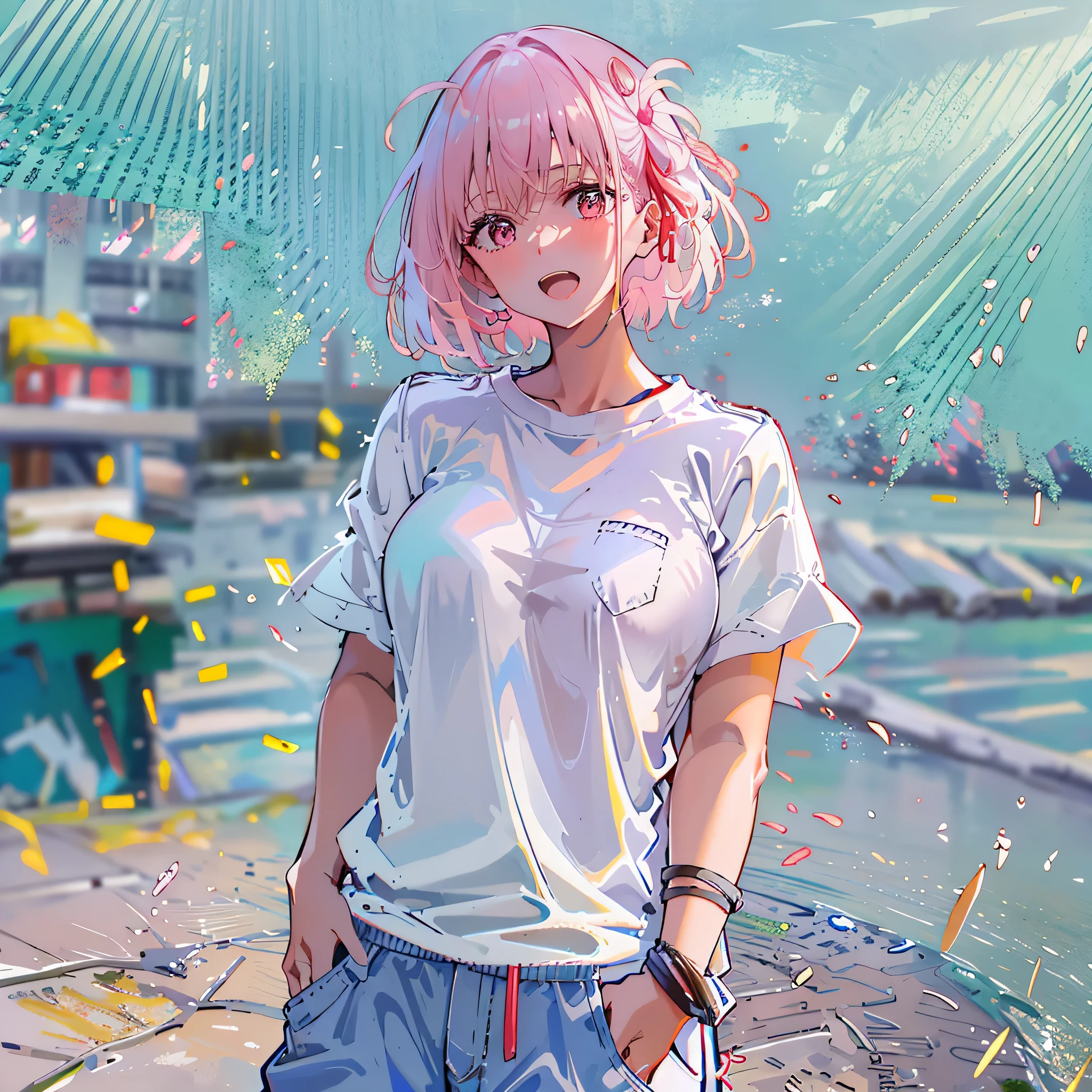 8K resolution、((top-quality))、((masterwork))、((ultra-detailliert))、1 woman、solo、incredibly absurdness、Oversized T-shirt’s 、ocean、plein air、Sateen、neons、Shortcut Hair、pink Hair Brightly colored eyes、Hands in pockets、shortpants、really cute 、summer