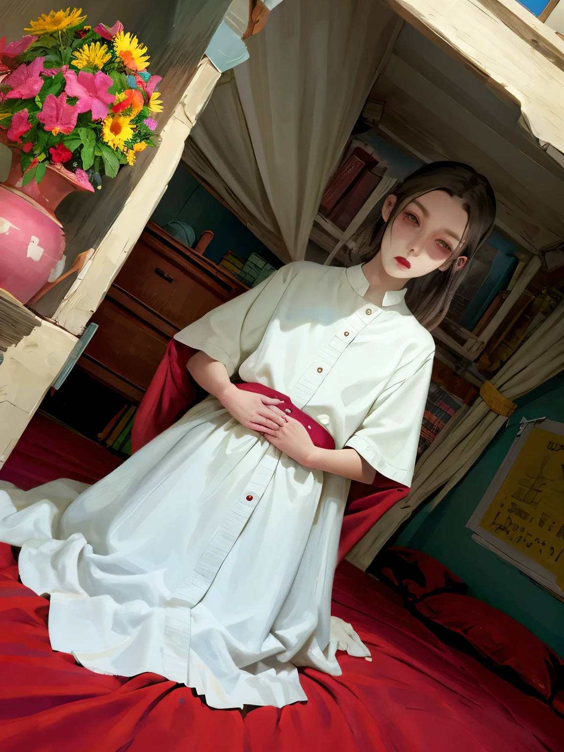 Pale woman, bed, horror