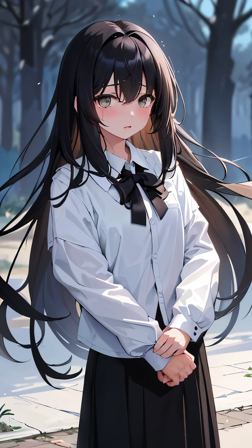 (masterpiece, best quality), ((1个girl, () Black long hair), (Hug a man of the same age),(time:Night,place:Abandoned Park) (girl(Black long skirt,White lining)),(girl表情(cry,sad))(Boys(able'No skin color)