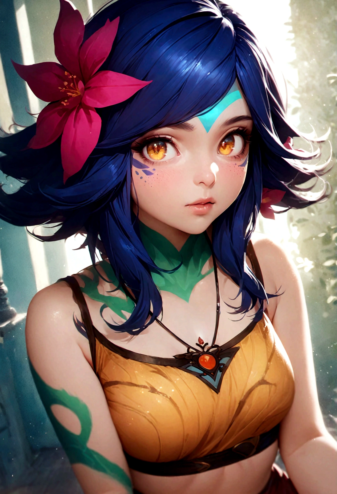 masterpiece,(best quality,top quality,8k),ultra detailed,illustration,painting,detailed eyes and face,(1girl),neeko, multicolored hair,(short hair), facial mark, forehead mark, hair ornament, hair flower, necklace,brown crop top,(puffy eyes),good contrast , high sharpness,(gorgeous),realistic,RAW Photography,(hyperdetailed:1.2),room