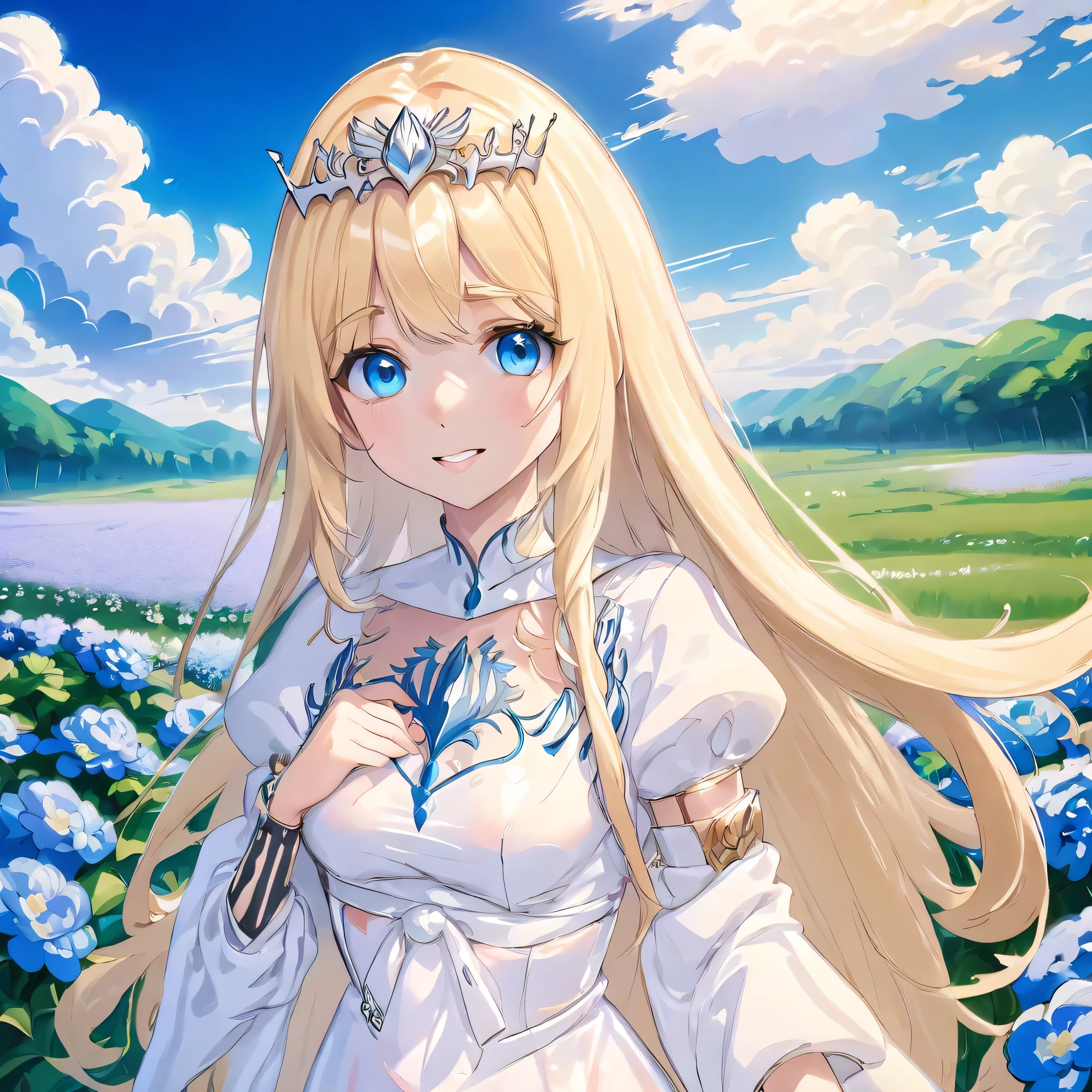 ultra-detailed,(best quality),((masterpiece)),(highres),original,extremely detailed 8K wallpaper,(an extremely delicate and beautiful),
anime,
\\,
BREAK
1girl, solo,, outdoors, smile, looking at viewer, bracelet, cloud, day,  blue flower, 
BREAK
 Calca, Calca Bessarez, blonde hair, extremely long hair, very long hair, small white tiara, white dress, blue eyes, medium chest, long straight hair, mature female, 25 years old,
