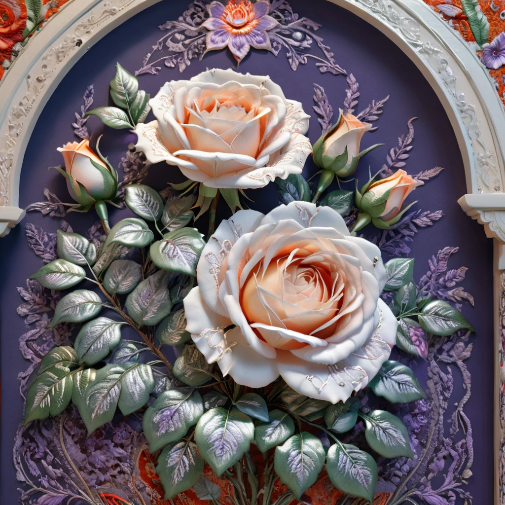 a highly detailed White Rose Bush embroidered bedroom design with intricate patterns, double stitching, silver beads along the edges, set against a vibrant Creamsicle, Red,White, Blue, Lavender, Orange, Oriental background, award-winning digital art, 8k, photorealistic, extremely detailed, cinematic lighting, volumetric lighting, dramatic shadows, lush colors, elegant, ornate, luxurious, masterpiece, intricate complexity, stunning, 