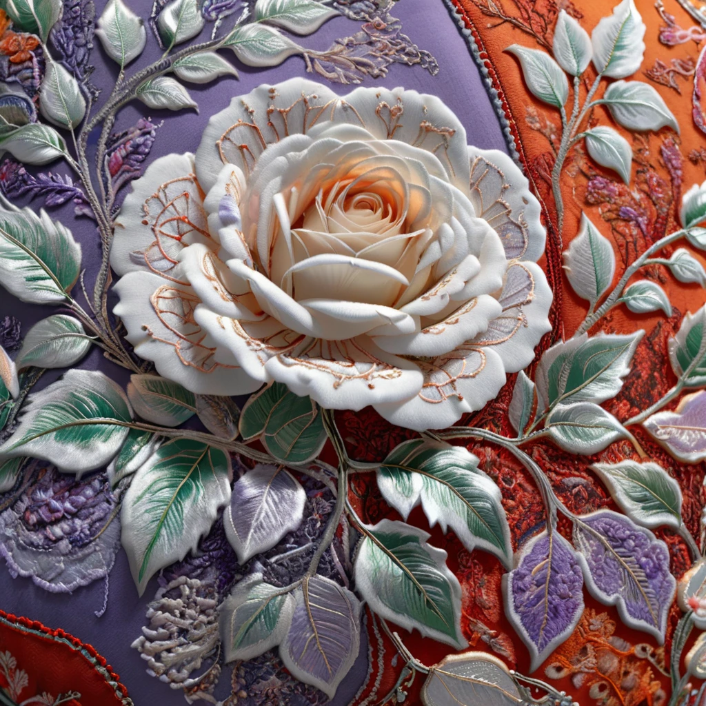 a highly detailed White Rose Bush embroidered bedroom design with intricate patterns, double stitching, silver beads along the edges, set against a vibrant Creamsicle, Red,White, Blue, Lavender, Orange, Oriental background, award-winning digital art, 8k, photorealistic, extremely detailed, cinematic lighting, volumetric lighting, dramatic shadows, lush colors, elegant, ornate, luxurious, masterpiece, intricate complexity, stunning, 