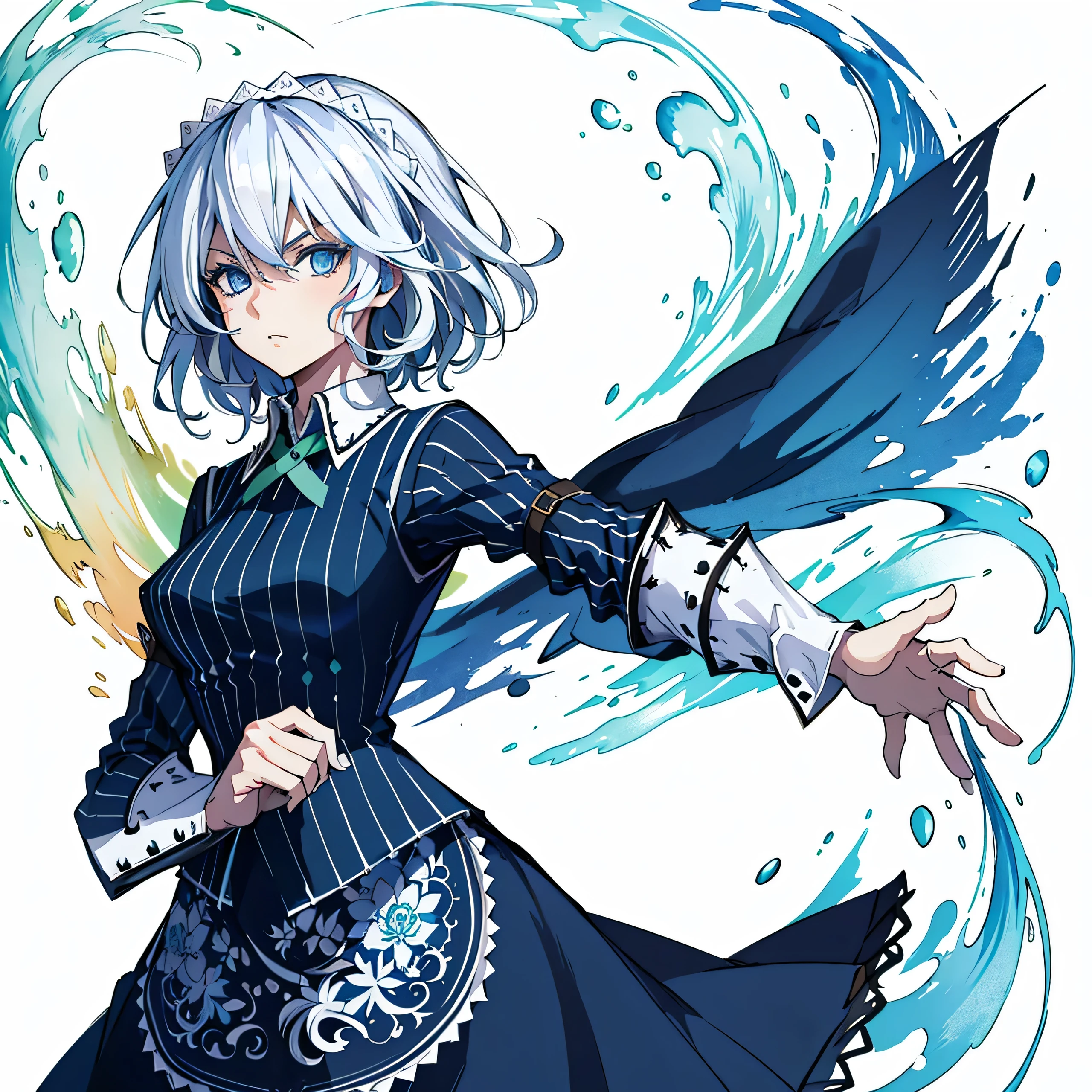 (Masterpiece, Top Quality, Best Quality, watercolour (medium), official arts, Beauty and Aesthetics: 1.2), (1girl 25 years old: 1.3), (s fractal art: 1.3), clean background,  Background, full - body, gaze at the viewer, 1girl, solo, sakuya izayoi, silver hair, maid dress, white apron, very short skirt, sexy pose,, sleeveless outfit, detailed face, detailed eyes, fresh blue eyes, big green ribbons, blue outfit, small-to-medium breasts, white hair, bowtie girl, white maid headband