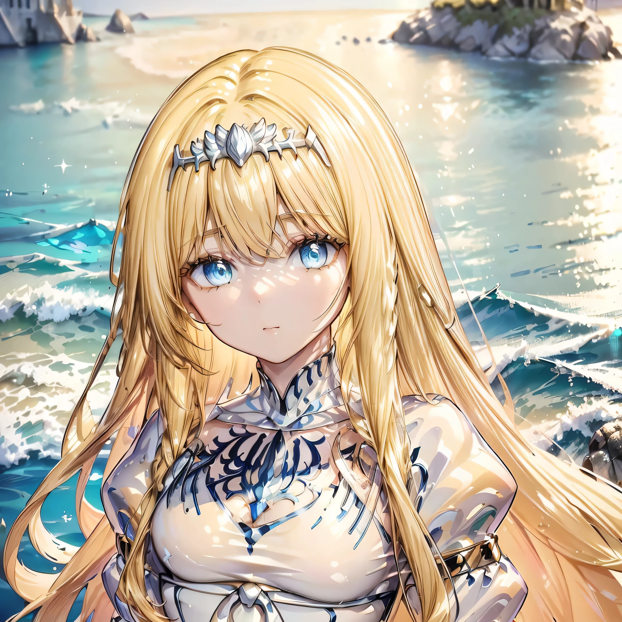 High definition RAW color art, Animation, sculptures, silver marble skin, (((Ultra detailed elegant))), Magical atmosphere, (Detailed skin, Texture (Intricately detailed, Fine detail, ultra-detailliert), depth of fields, Bokeh, silky touch, beautiful eyes, glass world, Hyper Detail, Matte Drawing, Pastel purple, 1girl, solo, Calca, Calca Bessarez, (blonde hair:1.4), yellow hair color, extremely long hair, very long hair, white tiara,, white dress, blue eyes, medium chest, long straight hair, outdoor, on the beach, ocean background, seawater, sunlight, upper body