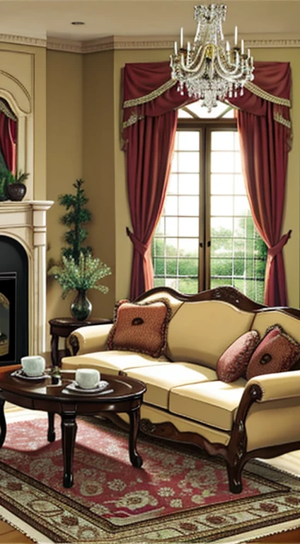 photo shoot, sofa, Tea table, ( living room), curtain, Hanging lamps, Decorations, Rugs, fireplace,white,Versailles
