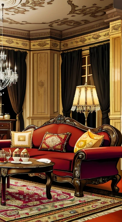 photo shoot, sofa, Tea table, ( living room), curtain, Hanging lamps, Decorations, Rugs, fireplace,white,Versailles
