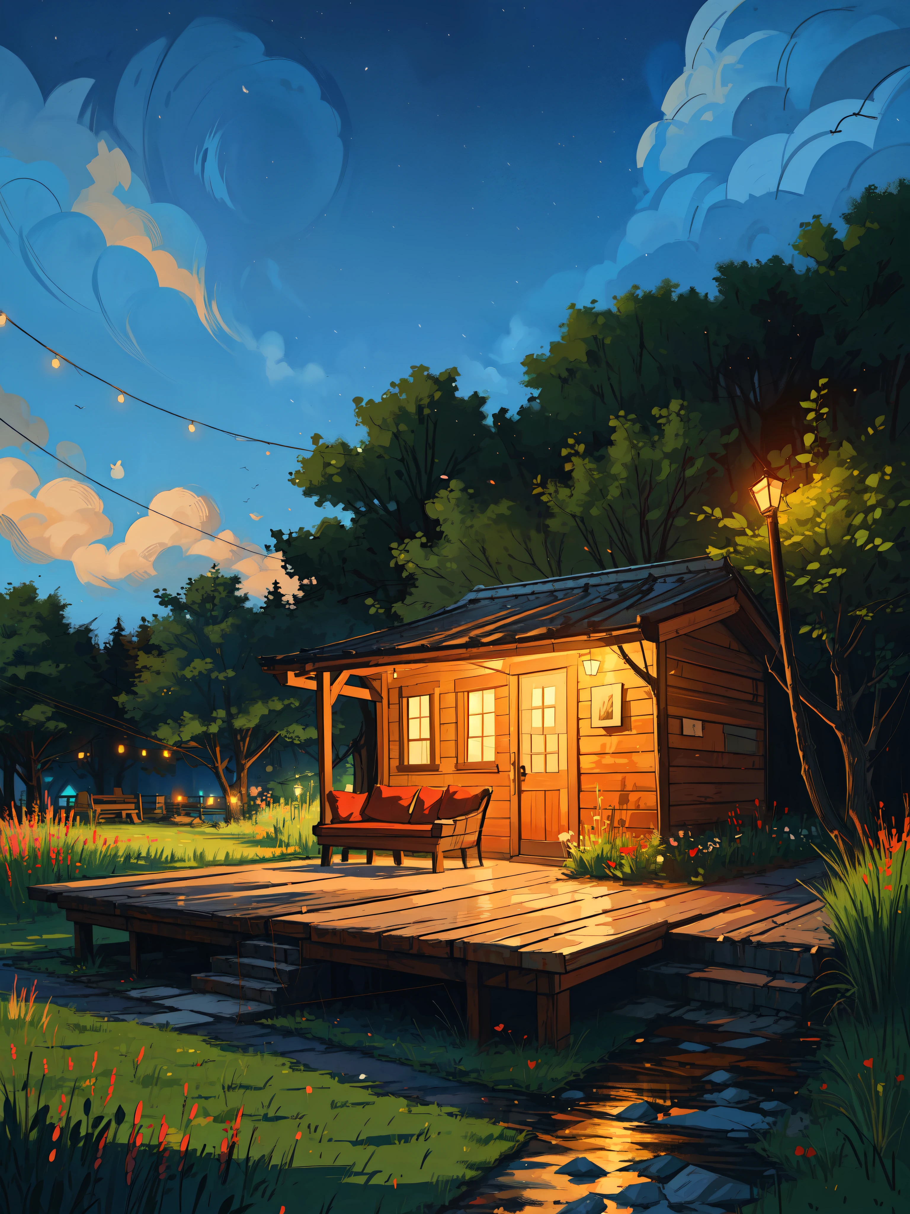 wide view, beautiful outdoor sitting, cozy red sofa, trees, string lights, reflection, flowery bushes, shed, stairs, backyard, night time, grass, illustration, beautiful clouds, thick lines, cozy tones, beautiful sky, ghibli style, outdoors, cozy atmosphere, micro landscape, intrinsic details