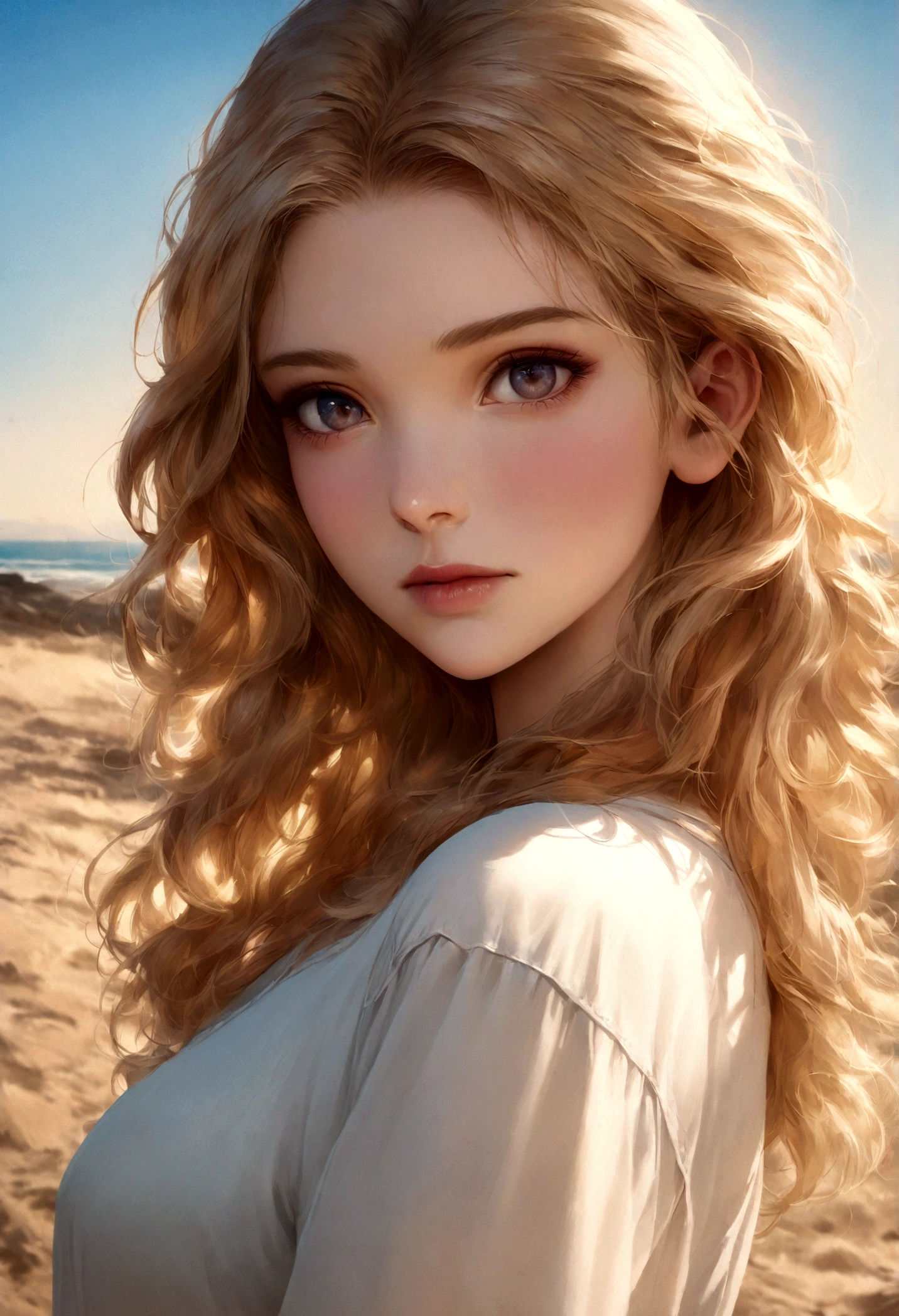  ultra-realistic 4k hd. This young girl plays sports A photorealistic portrait of a 21-year-old Spanish girl with long, wavy blonde hair and striking dark eyes, as well as slightly matte skin. Elle devrait avoir une expression naturelle et abordable, illuminated by the soft golden light of the golden hour. The background should be a picturesque outdoor setting, There is a sunny park or a beach. Capturez cette image avec une photographie en haute résolution utilisant un objectif de 85 mm pour une perspective flatteuse. 