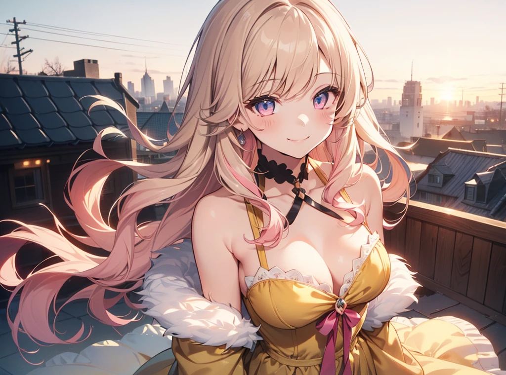 Yellow Dress、Deep purple eyes, ((Beautiful eyes in every detail))、 iris、Shining Eyes, (((Fluffy pink beige hair)))、(((((One Girl))))),Multicolored Hair、Inner Color、25歳woman、Wavy Hair、1 girl、((Embarrassed smile))、(((8k background)))、Center of chest、((((whole body))))、woman、(((Beautiful background)))、rooftop、look up、sunset