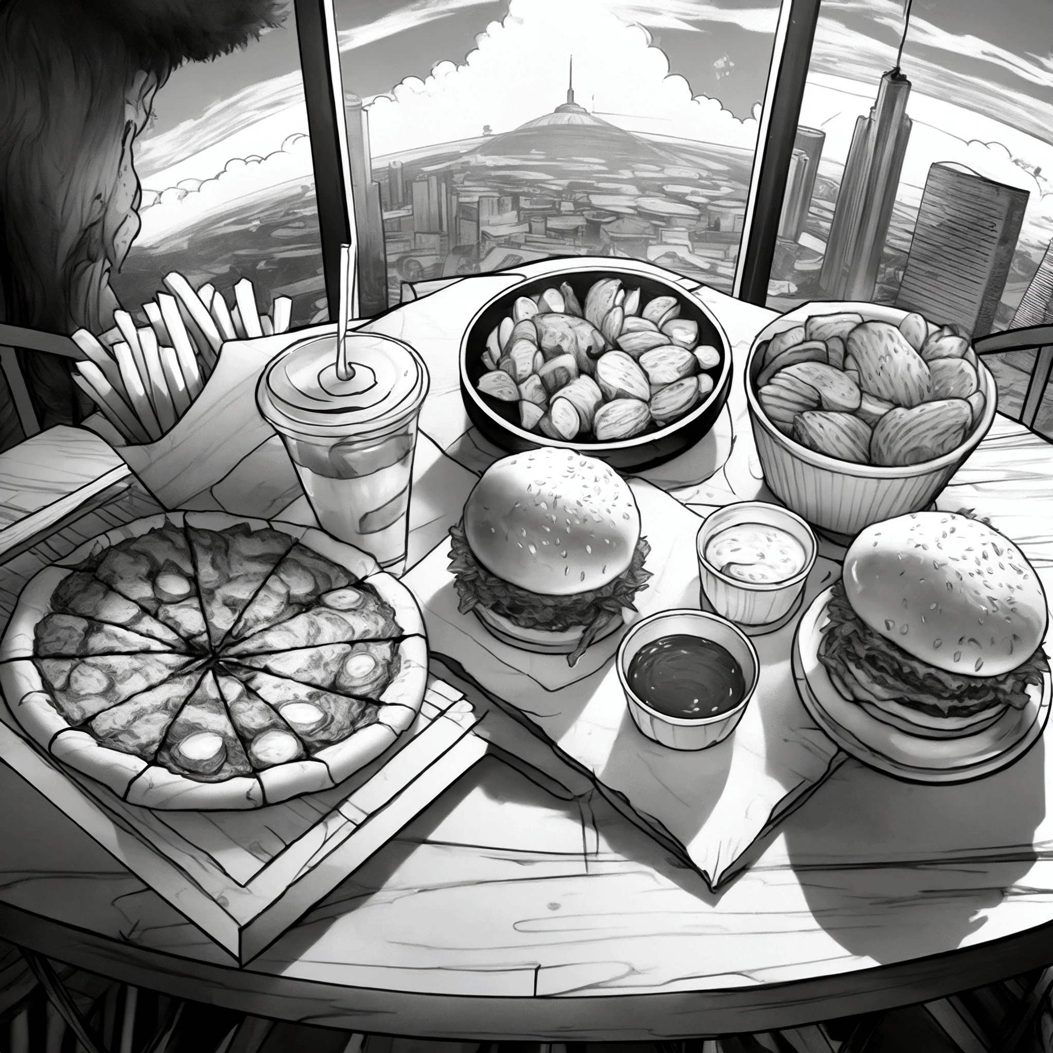 There is a table with a lot of food on it., Detailed 2D illustrations, Commercial Illustration, Black and white illustration, Game illustrations, 2D Game Line Art Behans HD, 2D Game Line Art Behans HD, Full page illustration, Illustrations on all pages, Highly detailed illustration, extremely detailed concept art, Background Art, Diner Background, Detailed game art illustrations