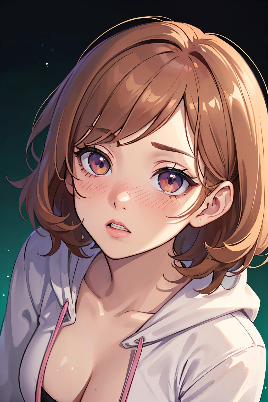 ((best quality,ultra-detailed,realistic)),HDR,UHD,studio lighting,woman,professional,vivid colors,bokeh,portrait,brown short hair,((short hair)), ((cabelo curto)), light brown short hair,beautiful detailed peach eyes, ((peach eyes)), light skin,pale skin,curvaceous,pretty, delicate features, long lashes, big lips, beautiful, long lashes, big lips, beautiful, ((pink peach eyes)), ((cool background)), ((light brown hair)), ((close up face)), on a apartment living room, wearing large oversized hoodie, illustration,detailed textures(realists),ultra-detailed,vivid colors,soft lighting, blushing, mature, ((face close up)), ((looking up)), ((looking at the camera))  ((face close up)), ((looking up)), ((looking at the camera)), ((flustered)), ((blushing)), ((eyes looking up)), ((white hoodie)), ((black sports short)), ((green sofa)), ((apartment background)), ((front-up view))